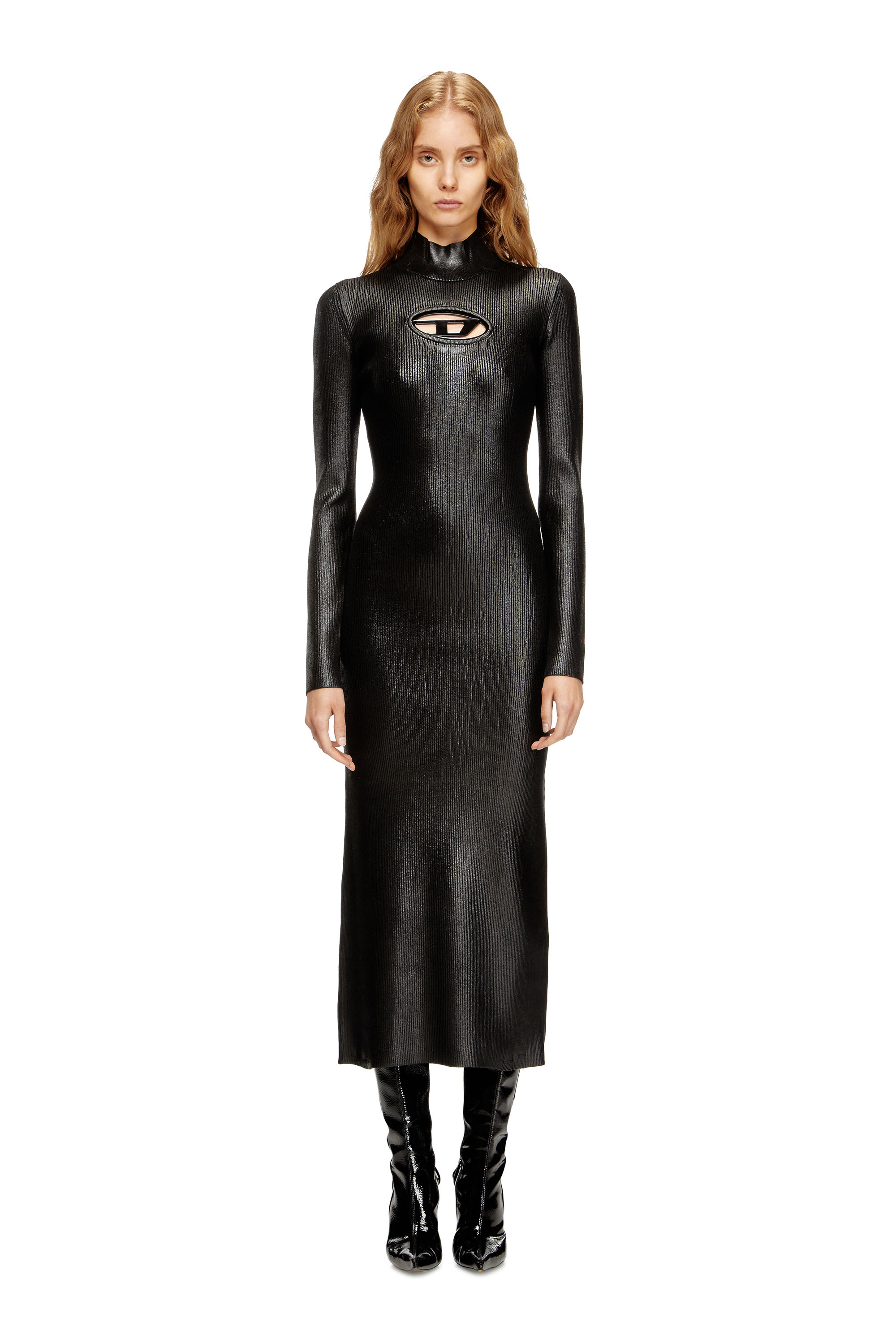 Diesel - M-ZARY-B, Vestido midi de cuello alto en tejido de punto brillante Mujer in Negro - 2