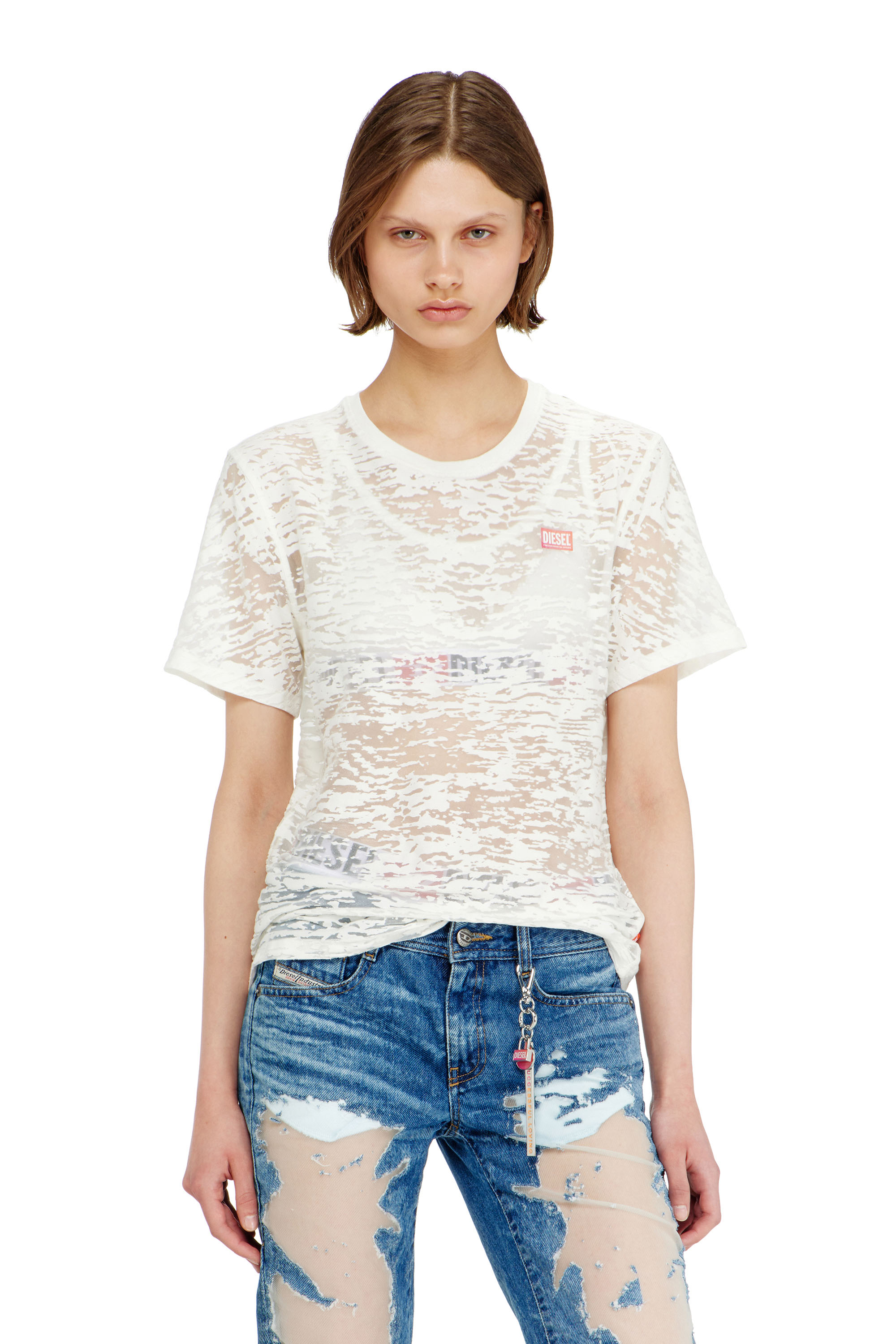 Diesel - PR-T-NOTS-MATI-R, Camiseta de jersey all-over devor&eacute; Unisex in Blanco - 1