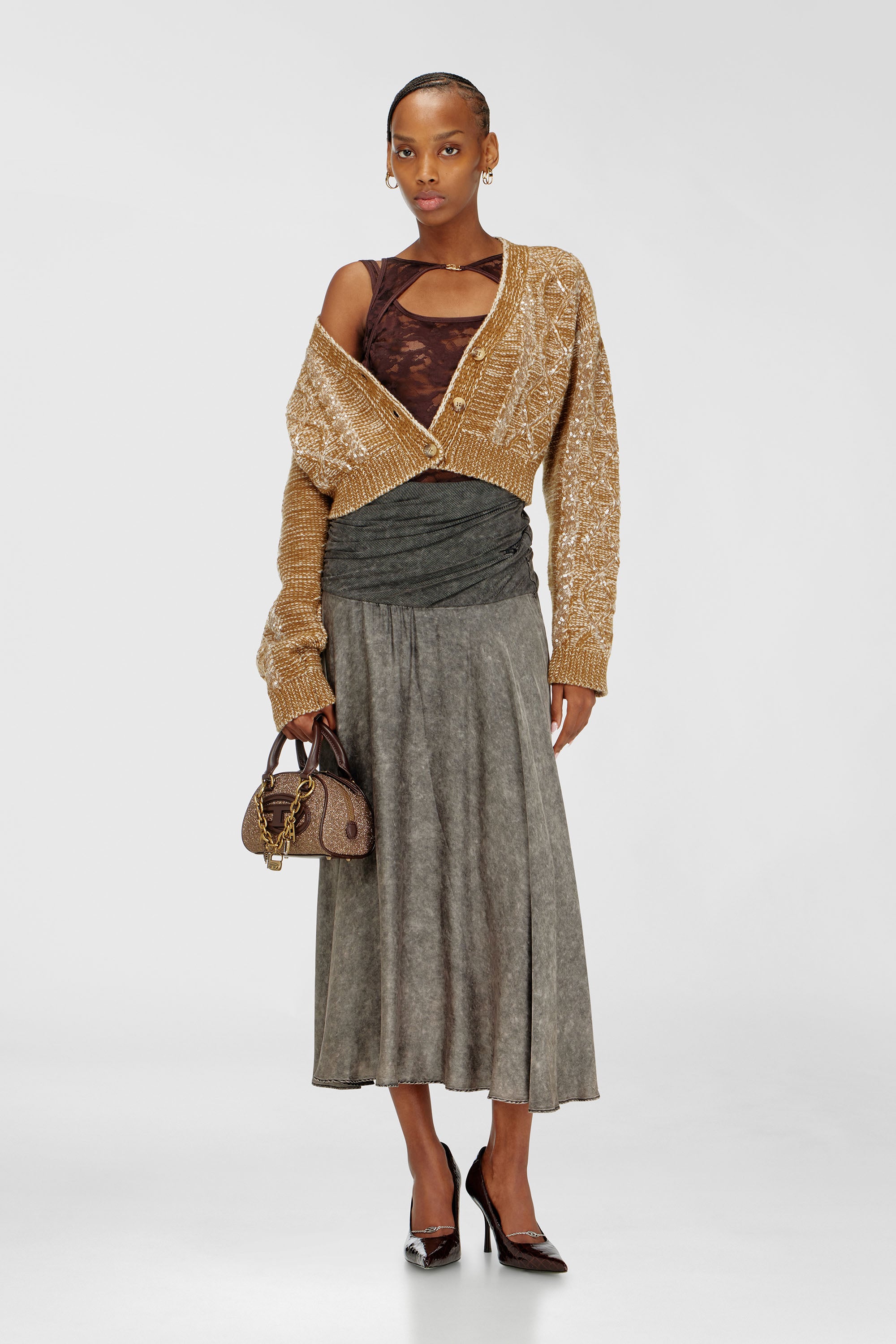 Diesel - O-SYA, Falda midi con cintura retorcida Mujer in Gris - 1