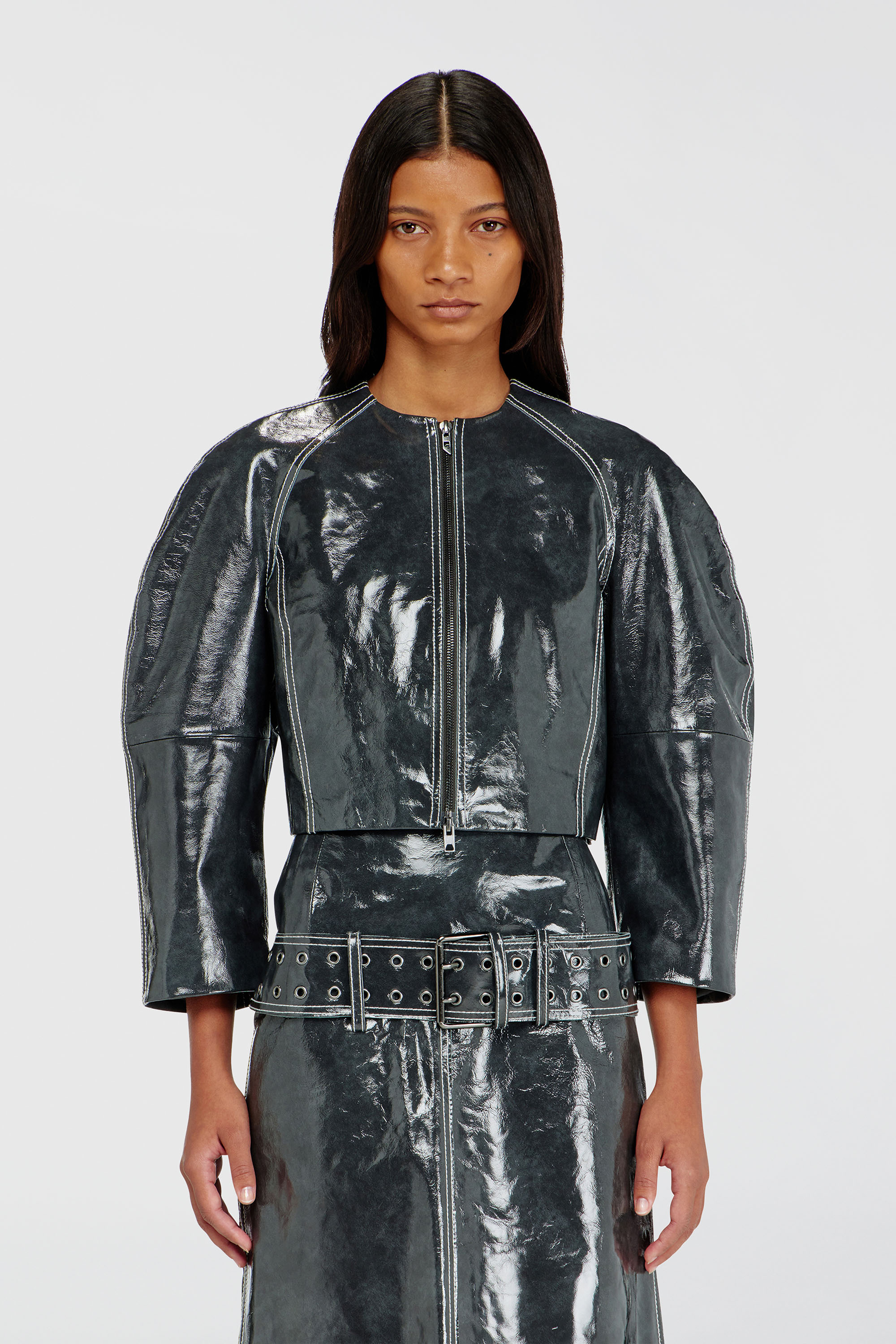 Diesel - L-ANDON, Chaqueta de charol con mangas tipo capullo Mujer in Gris - 3
