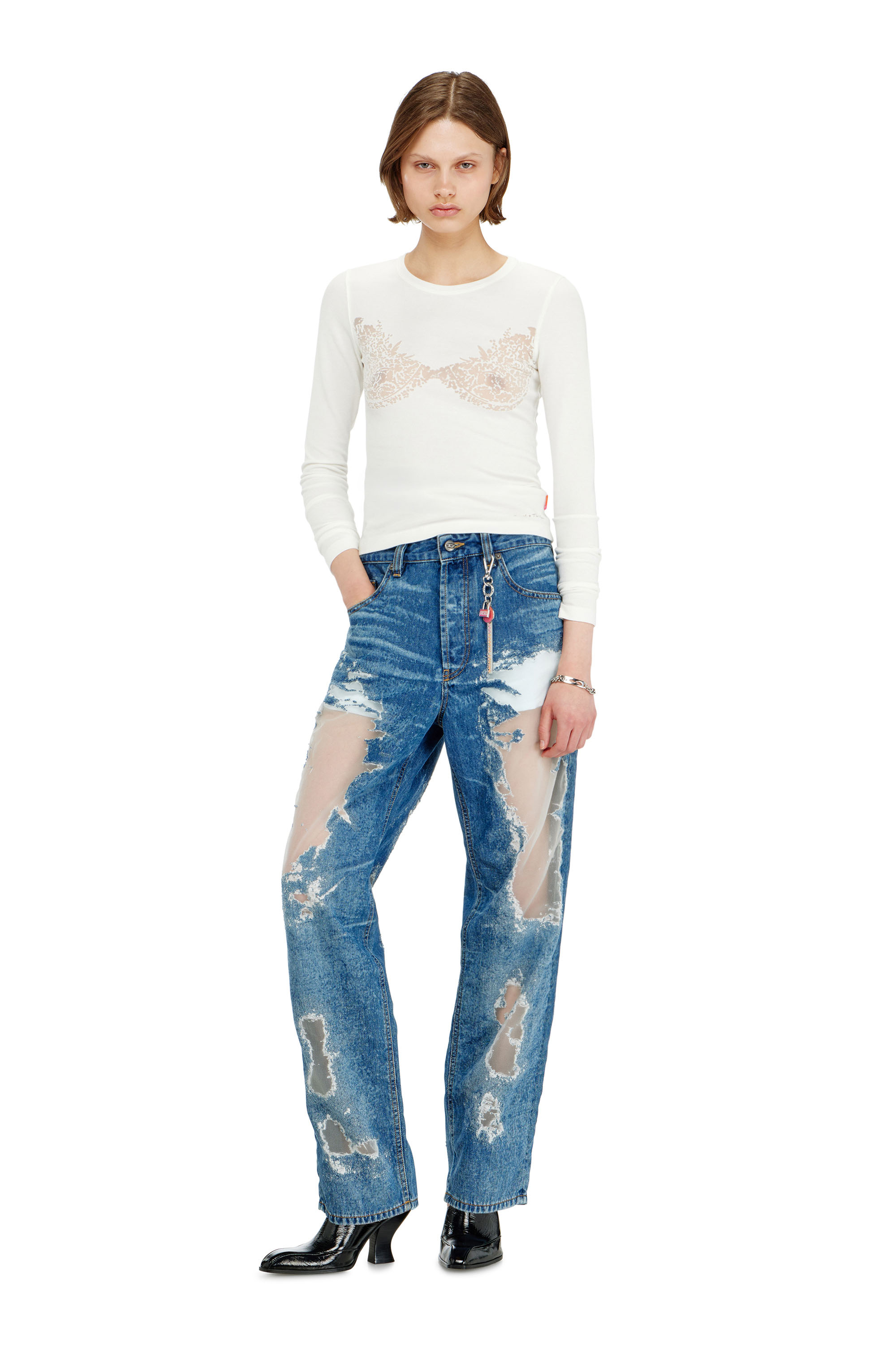 Diesel - PR-T-MOKKI-LS-R, Top con efecto de encaje devor&eacute; Mujer in Blanco - 1