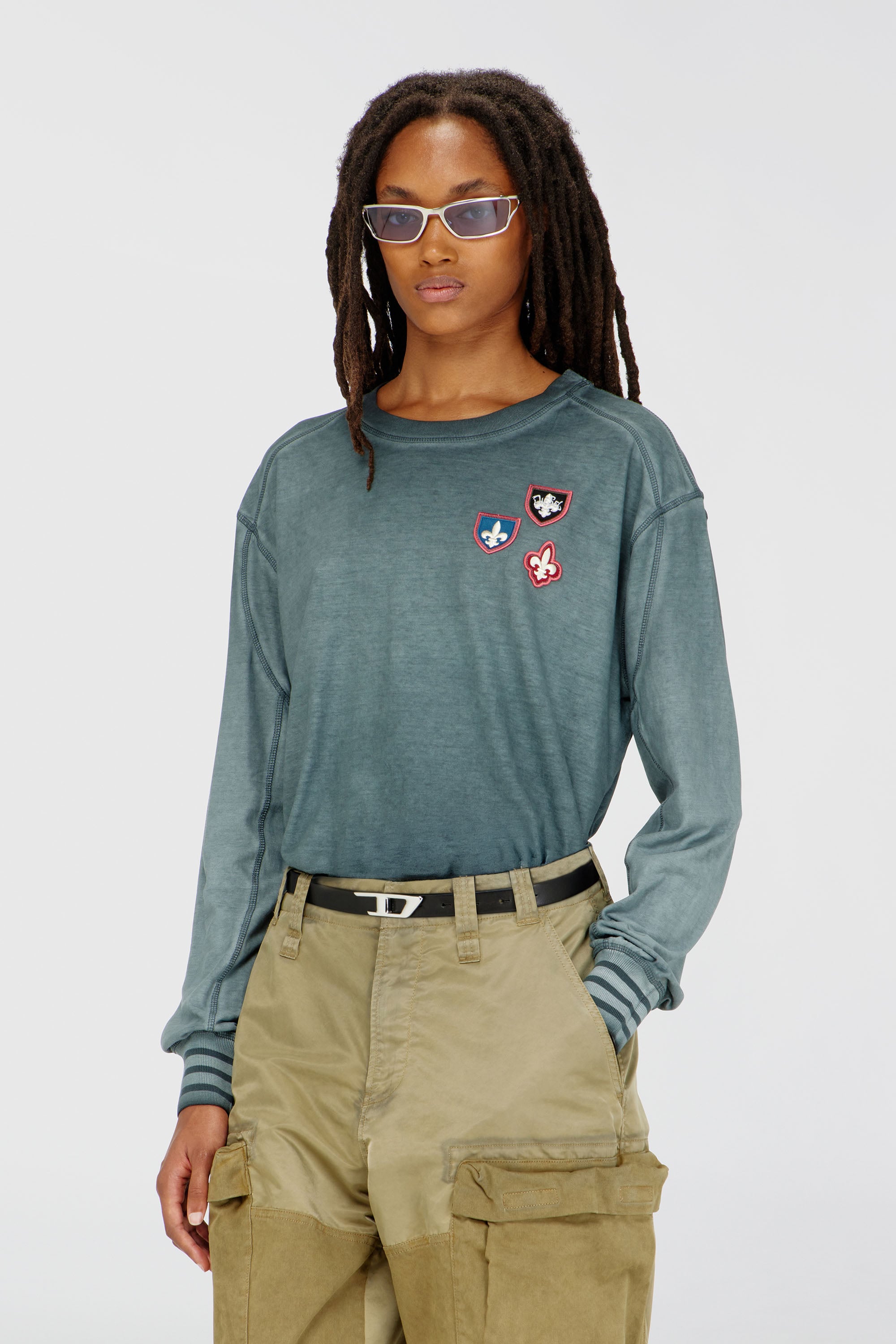Diesel - T-BAWYE-LS, Camiseta con parches e inserciones de micro-waffle Mujer in Verde - 1