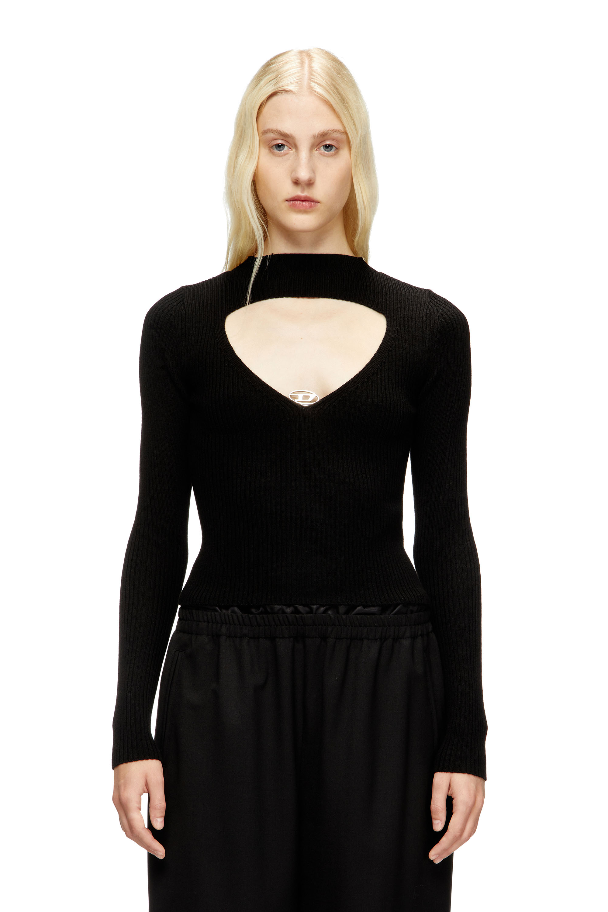 Diesel - M-OLINA, Jersey de lana de canalé con abertura Mujer in Negro - 1