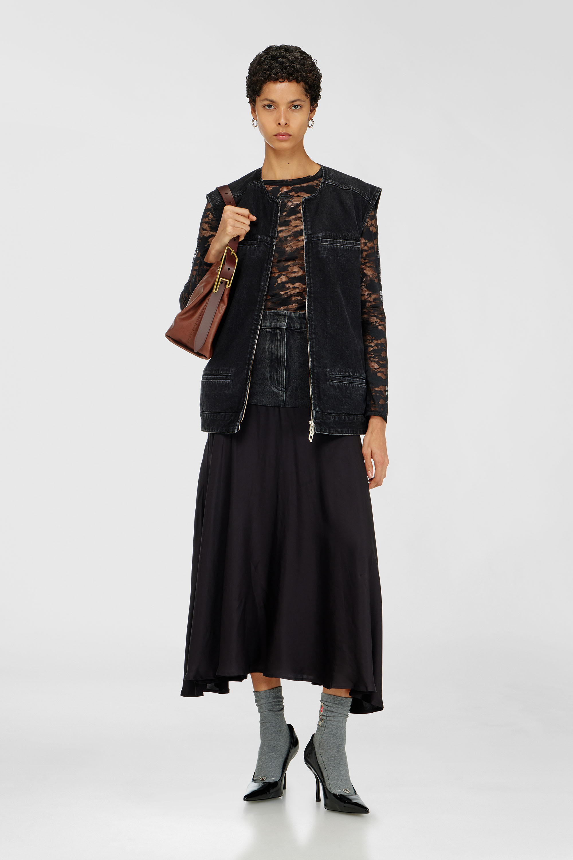 Diesel - O-RIONE, Falda midi con secciones de denim y sat&eacute;n Mujer in Negro - 1