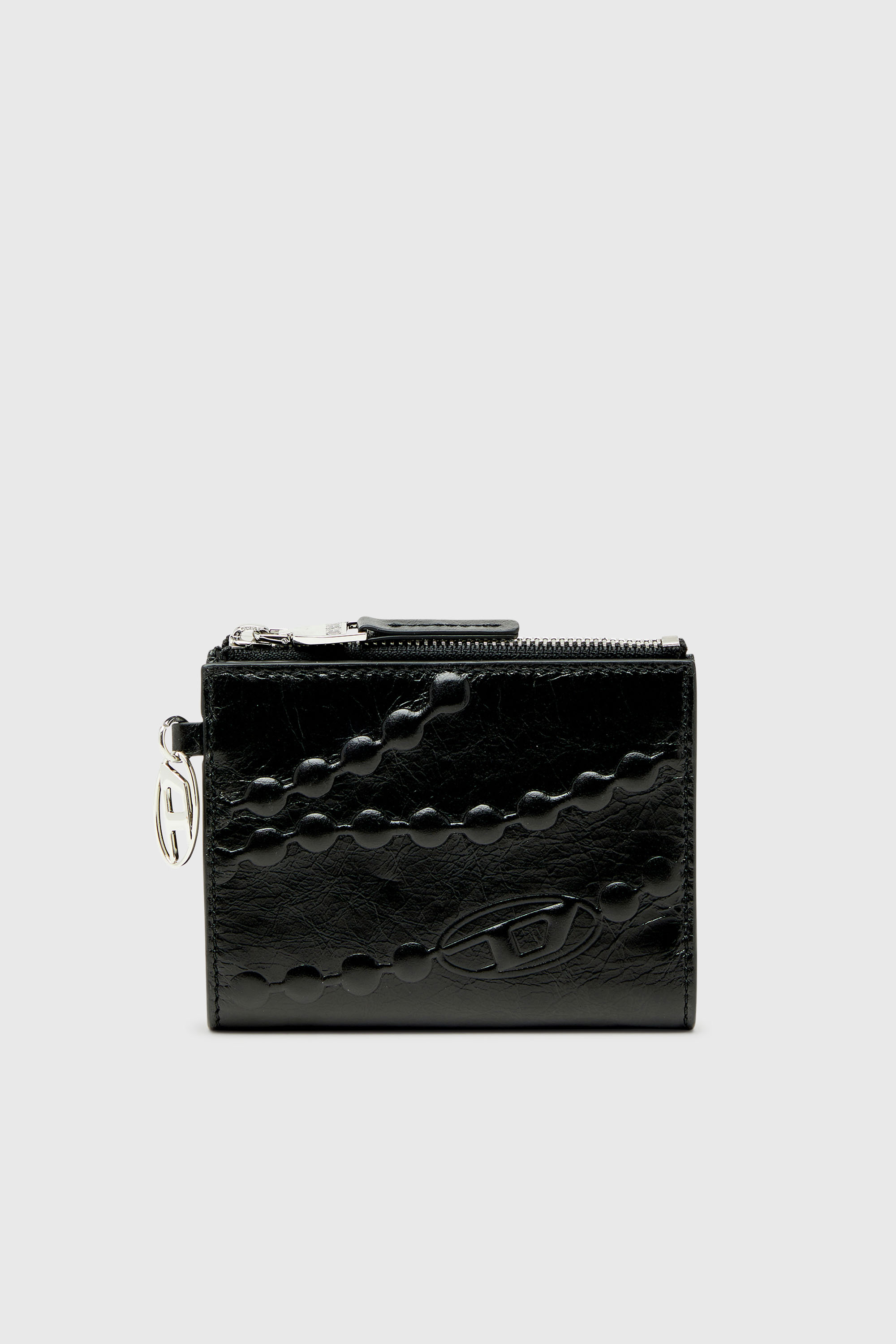 Diesel - OVAL-D BI FOLD ZIP II, Cartera de piel tipo bi-fold con motivo de cadena grabado Mujer in Negro - 1