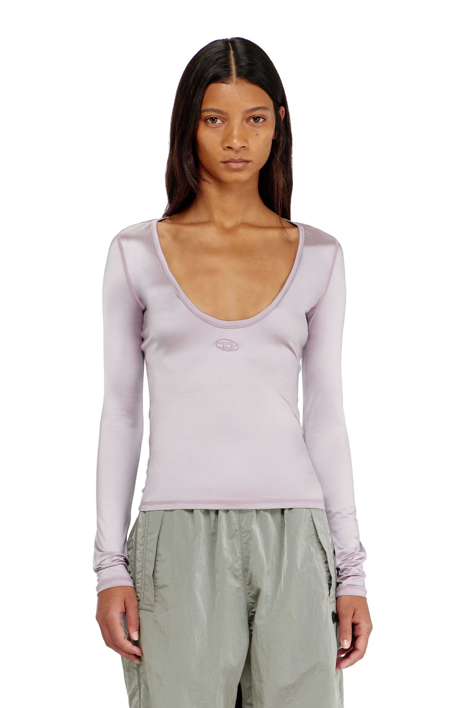 Diesel - T-ELPHIN-LS, Top slim de nylon con escote redondo y Logo Oval D bordado Mujer in Morado - 1