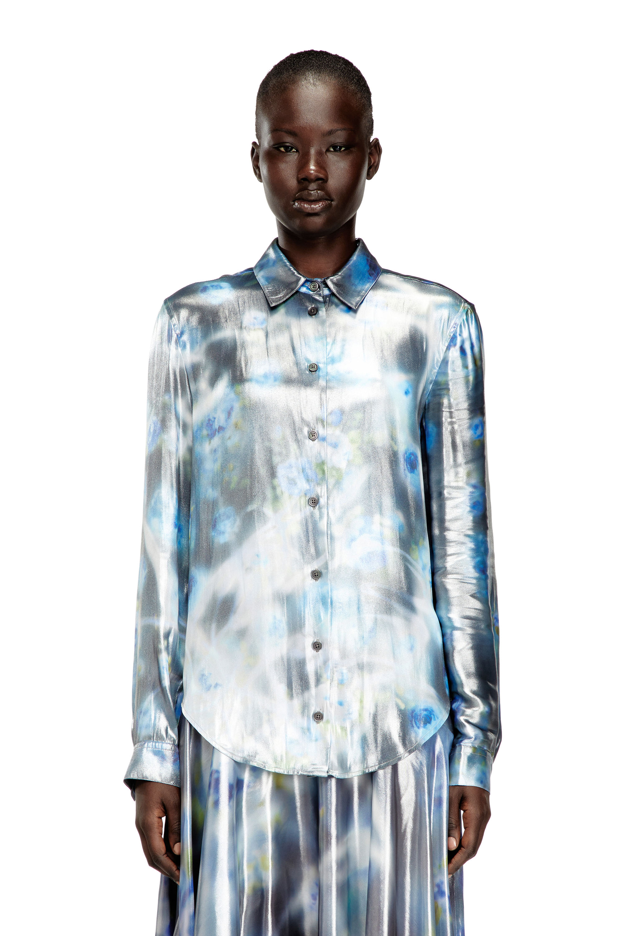 Diesel - C-RONOR-S2, Camisa metálica con estampado de rosas difusas Mujer in Azul marino - 1