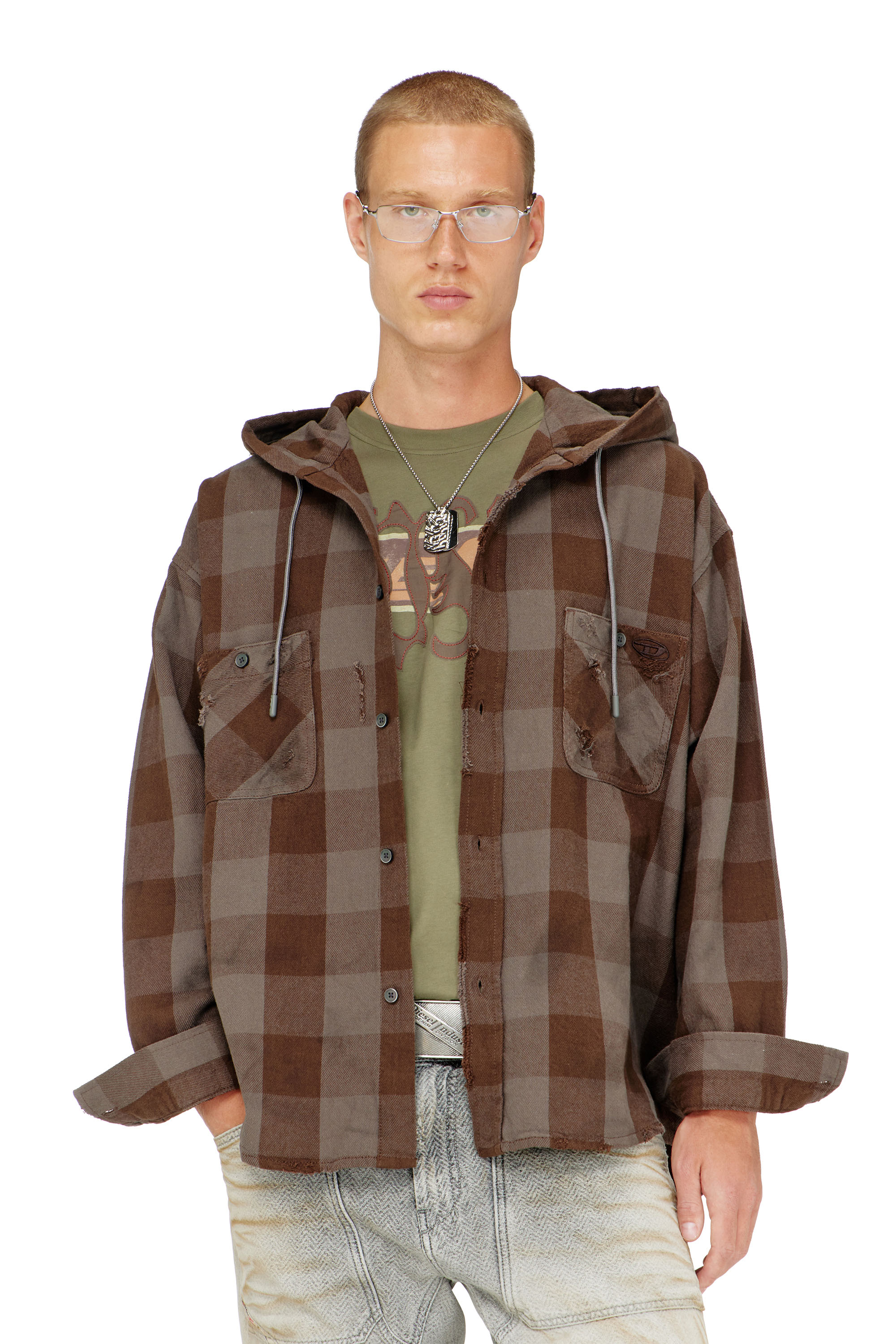Diesel - S-DRUM-HOODY, Camisa con capucha efecto desgastado en franela de cuadros Hombre in ToBeDefined - 1