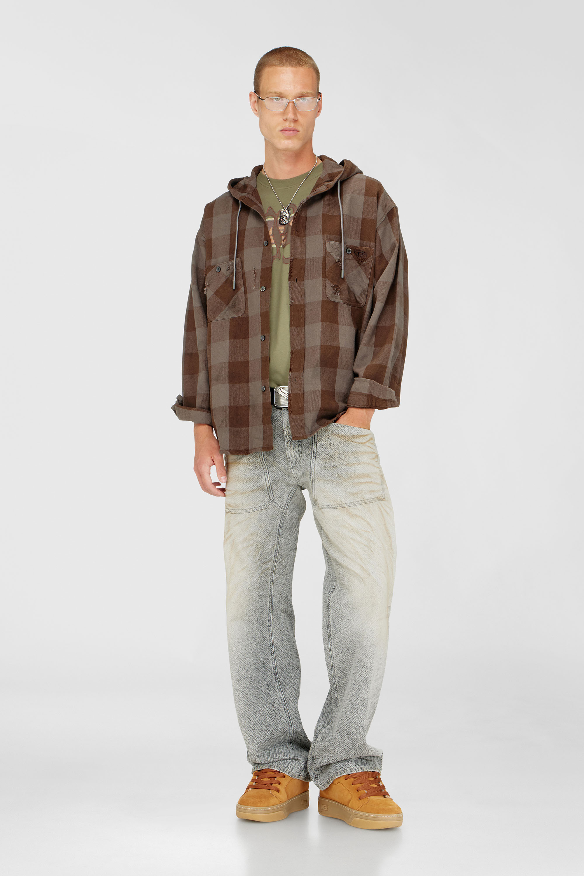 Diesel - S-DRUM-HOODY, Camisa con capucha efecto desgastado en franela de cuadros Hombre in Marr&oacute;n - 2
