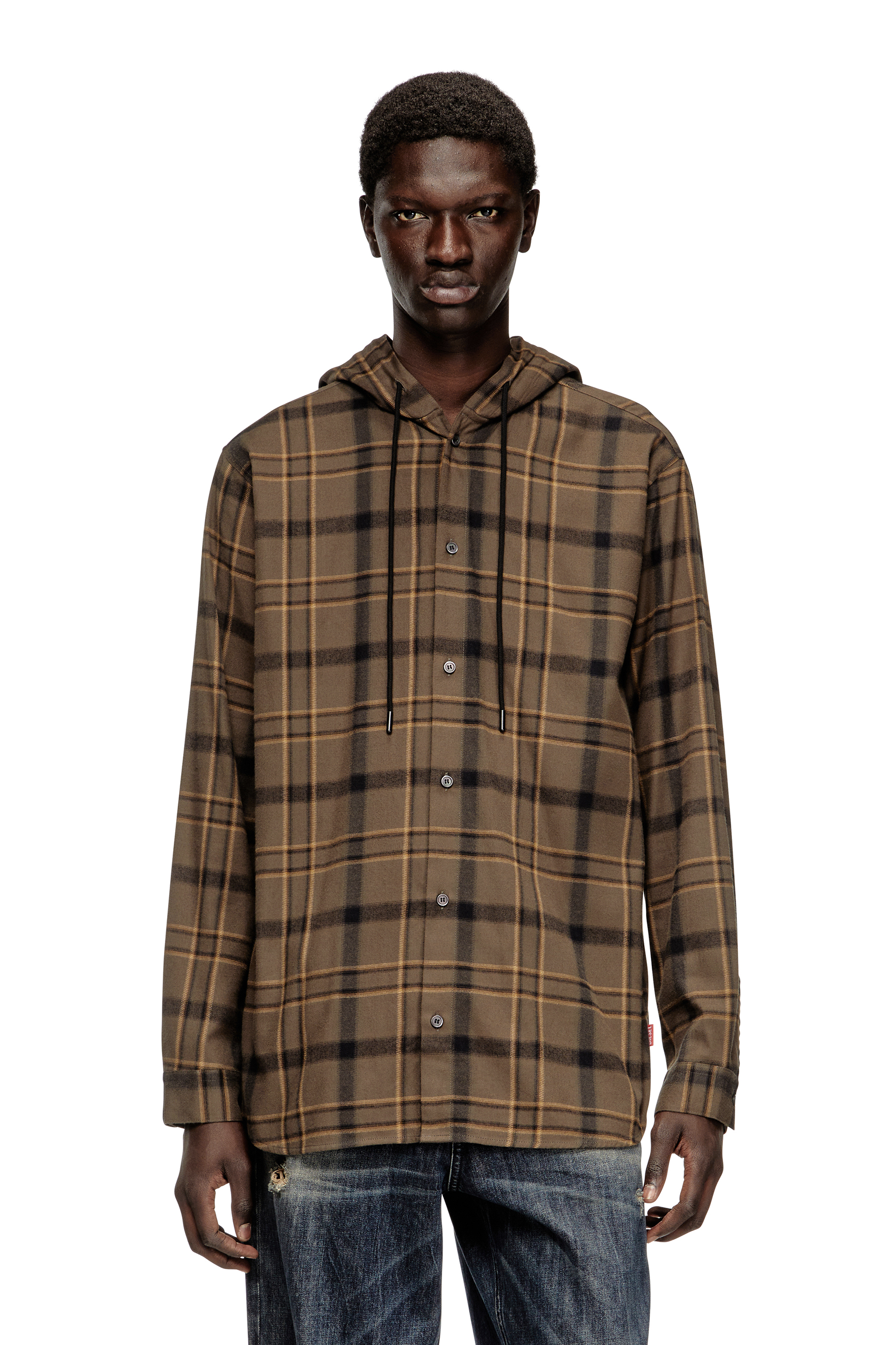 Diesel - S-IX, Camisa con capucha de franela a cuadros con logo Hombre in Marrón - 1
