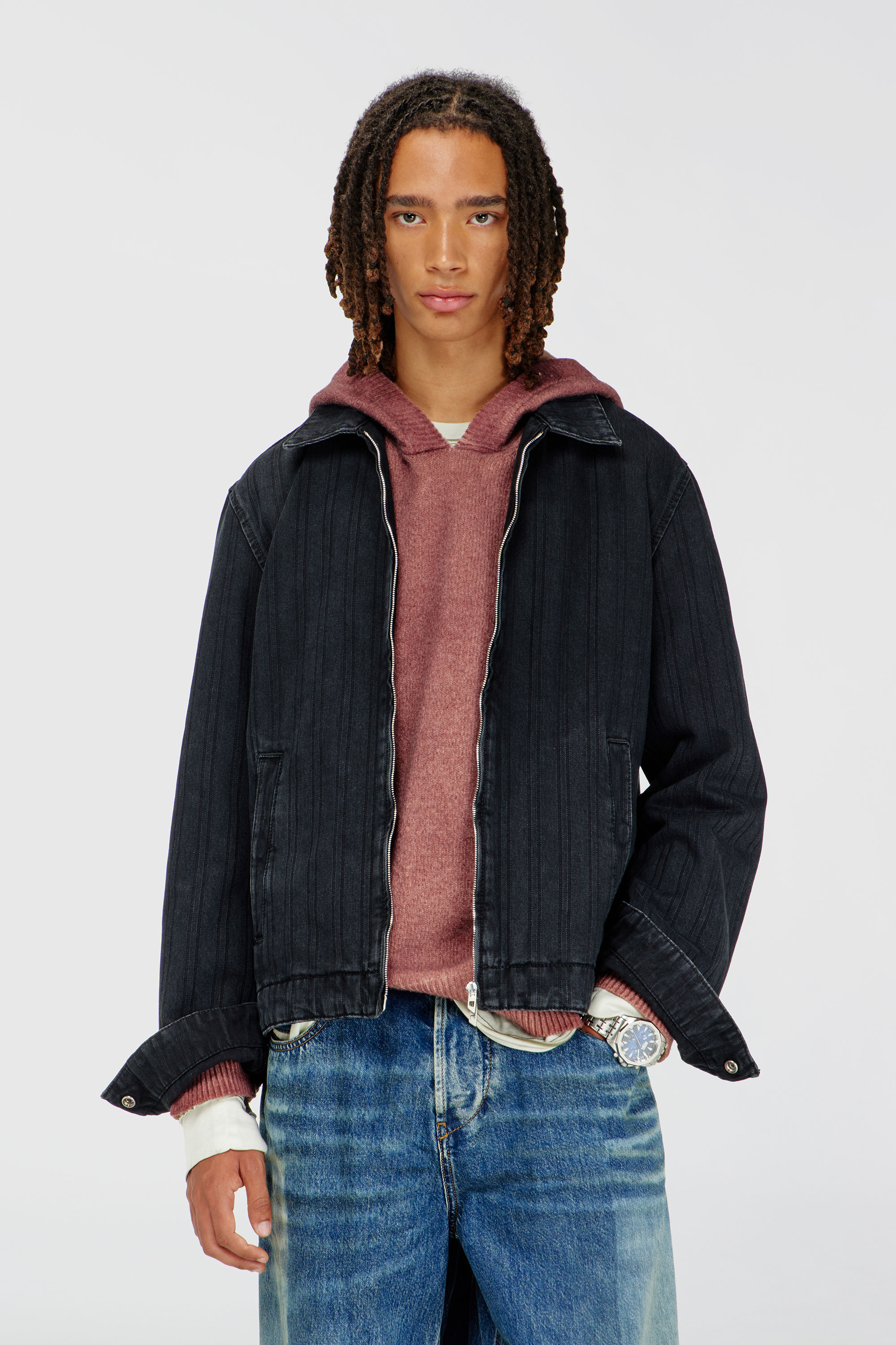 Diesel - D-ROHE, Man's Jacket in pinstripe denim in Black/Dark grey - 1