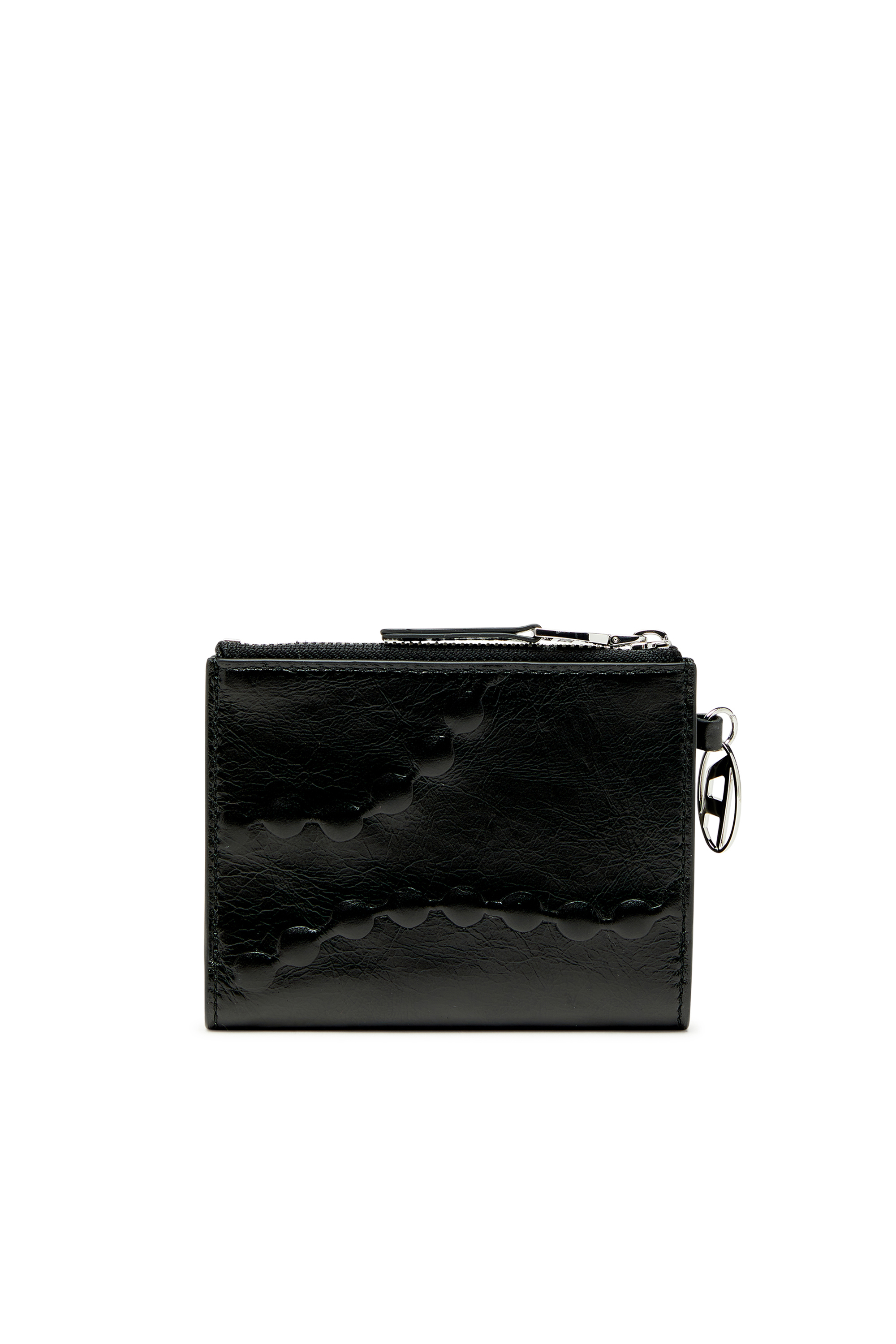 Diesel - OVAL-D BI FOLD ZIP II, Cartera de piel tipo bi-fold con motivo de cadena grabado Mujer in Negro - 2