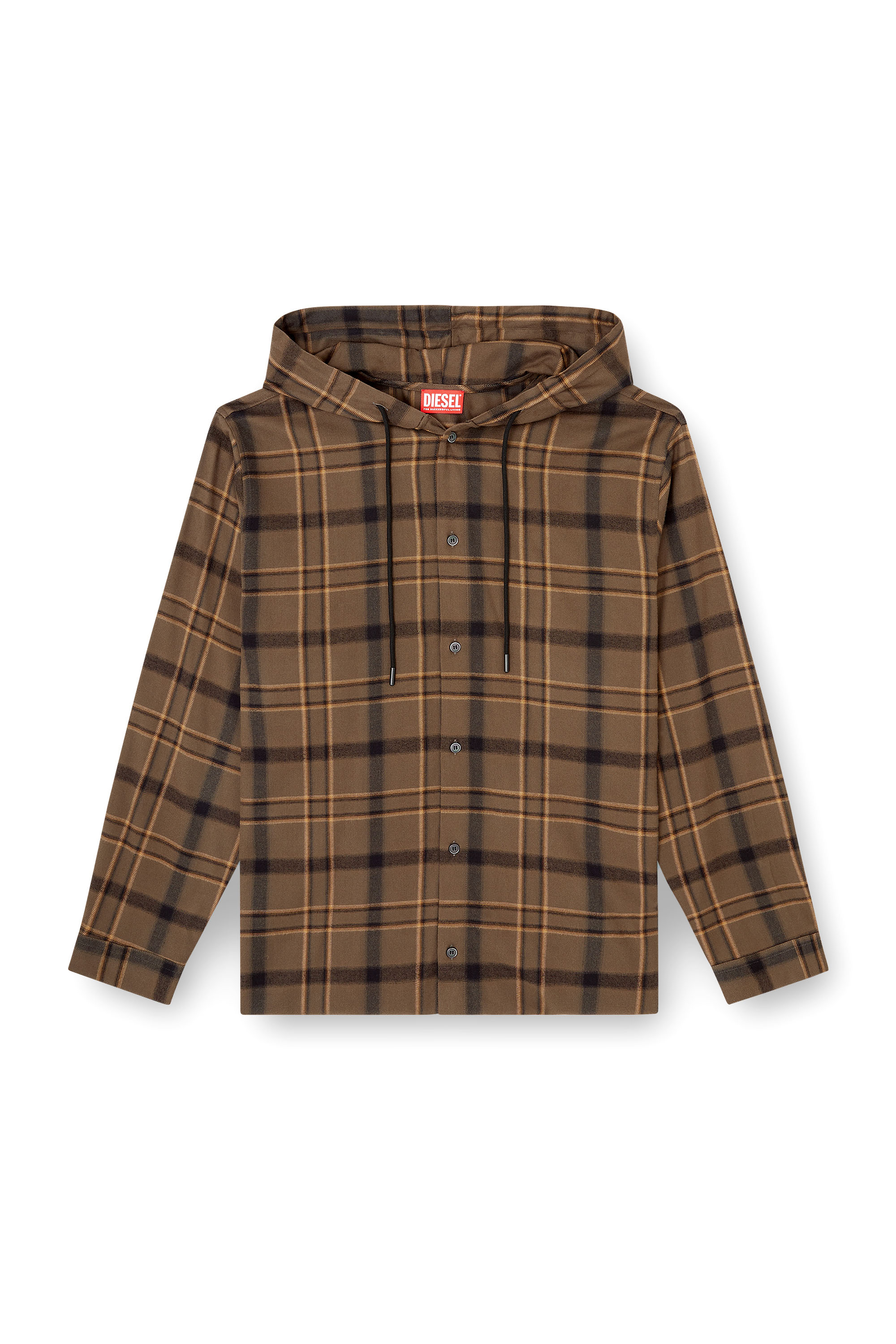 Diesel - S-IX, Camisa con capucha de franela a cuadros con logo Hombre in Marrón - 3