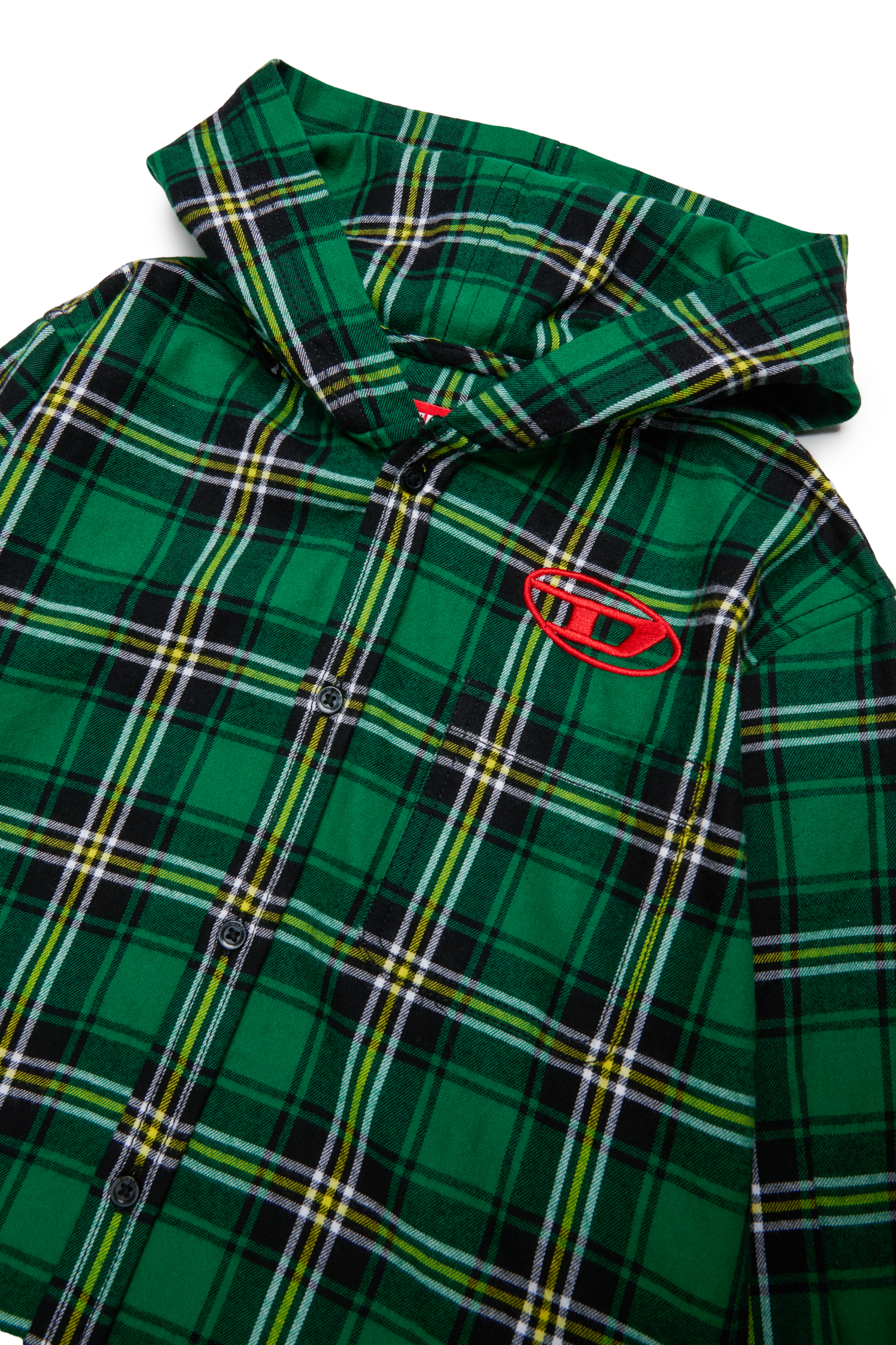 Diesel - CHECK OVER, Camisa de cuadros con capucha y Logo Oval D bordado Hombre in Verde - 3