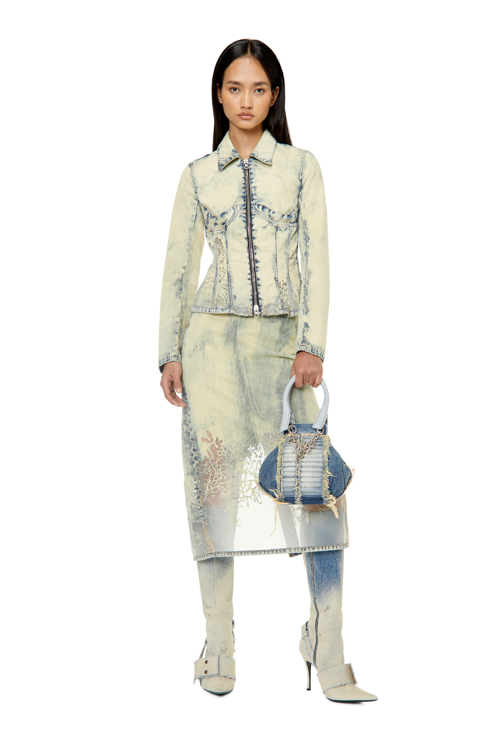 Diesel - DE-PRA-FSC, Woman's Midi skirt in lace denim in Light Blue - 1