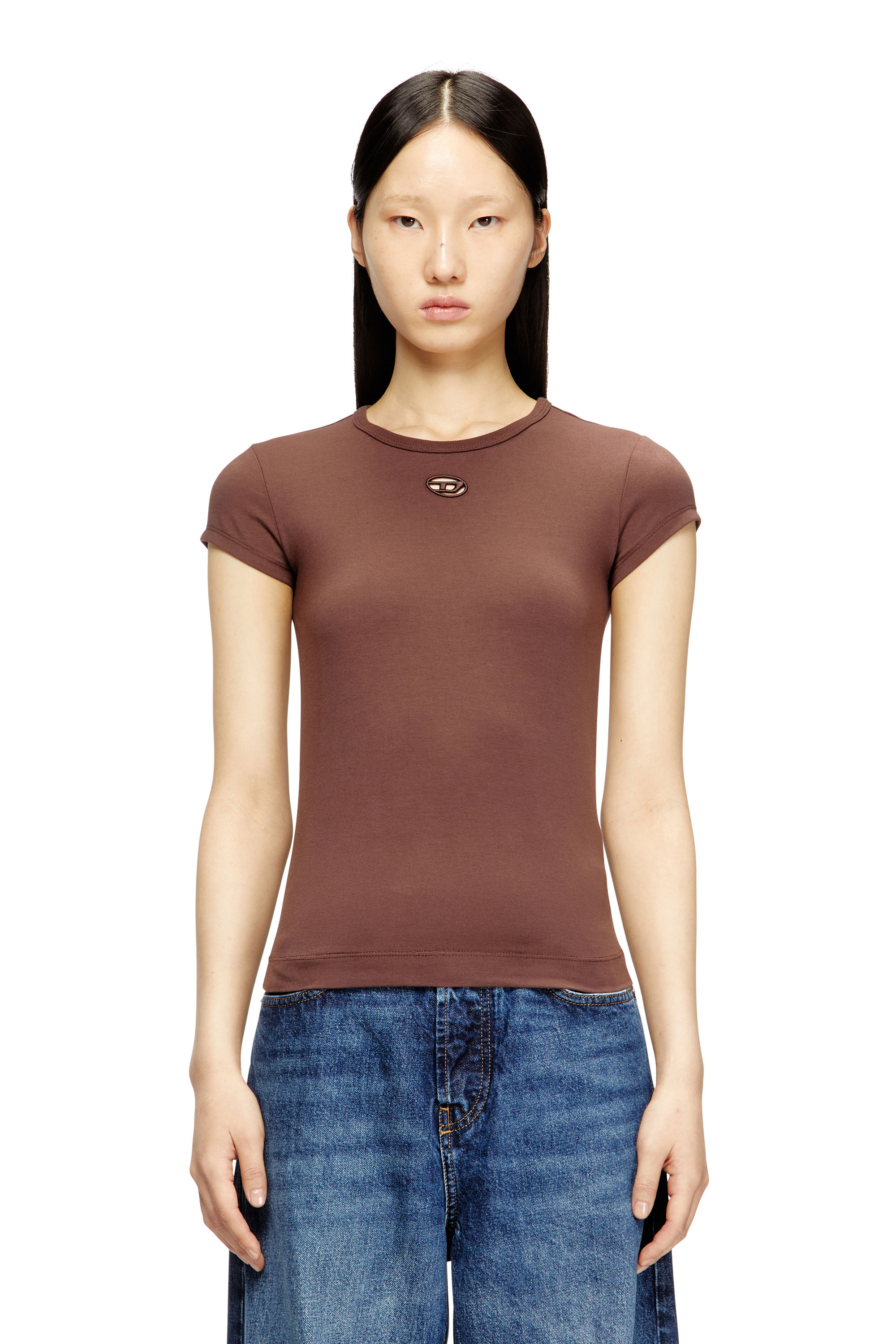 Diesel - T-ANGIE-OD, Camiseta con logotipo bordado con abertura Mujer in Marrón - 1