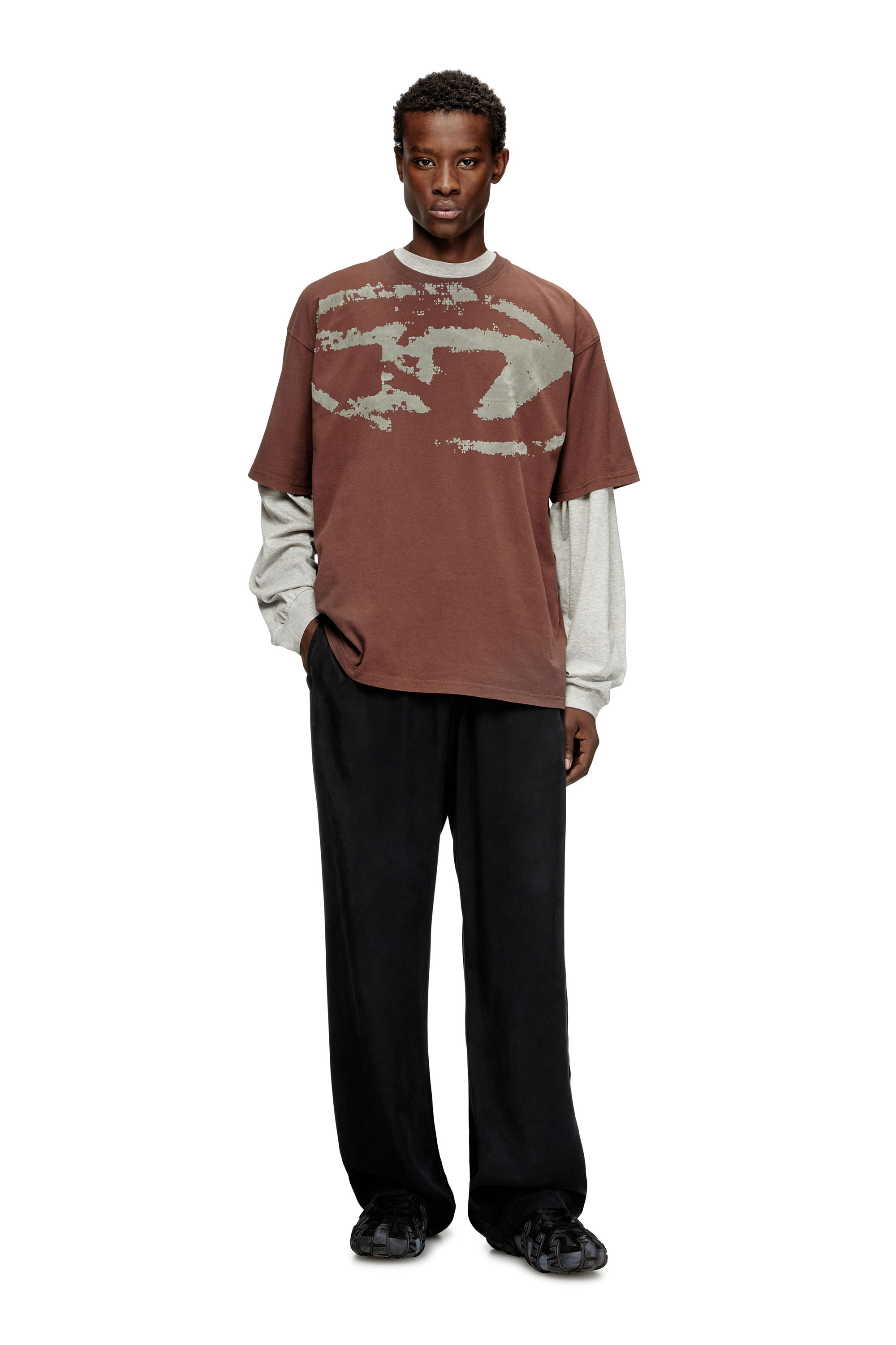 Diesel - T-BOXT-N14, Man's T-shirt with distressed flocked logo in Brown - 1