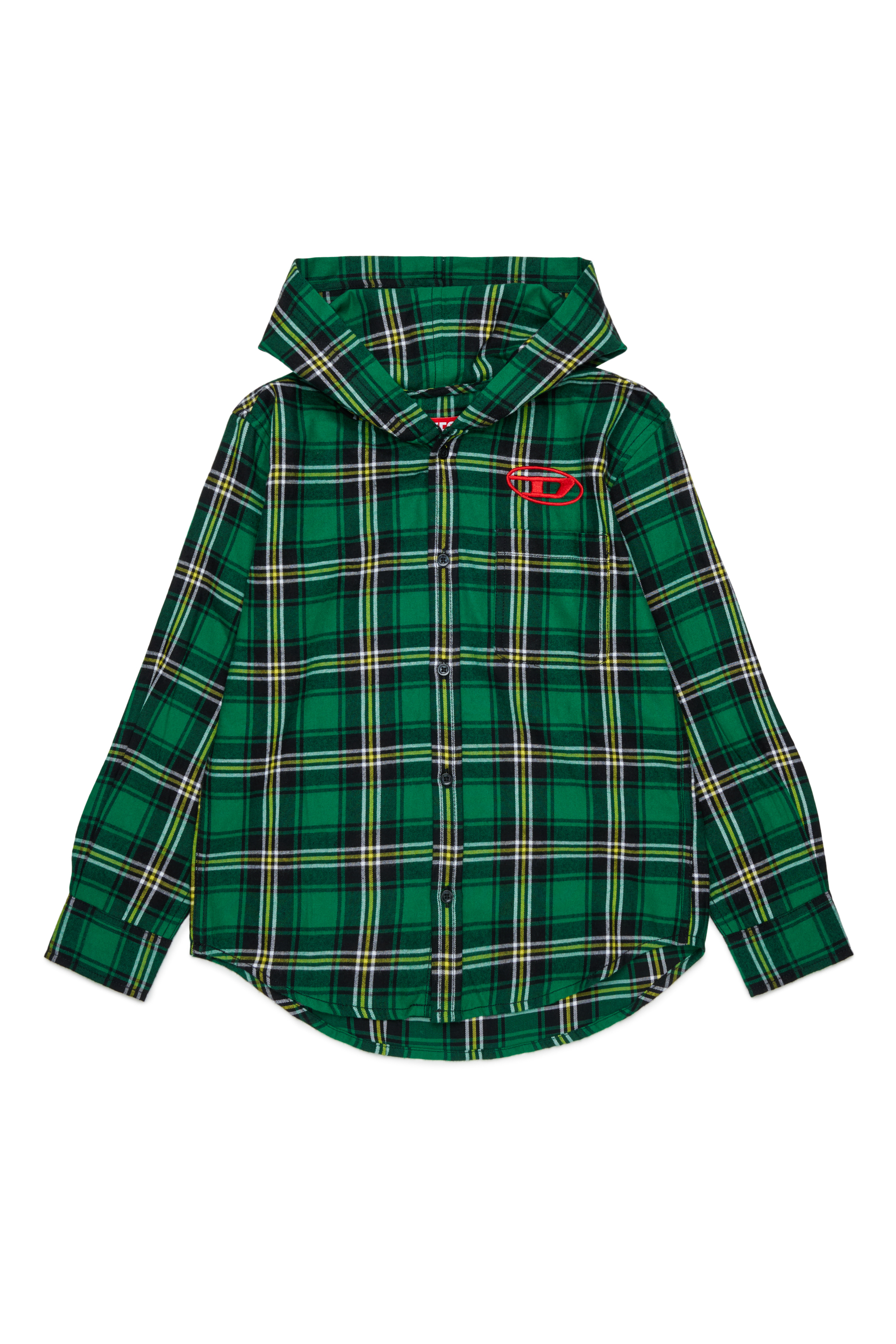 Diesel - CHECK OVER, Camisa de cuadros con capucha y Logo Oval D bordado Hombre in Verde - 1