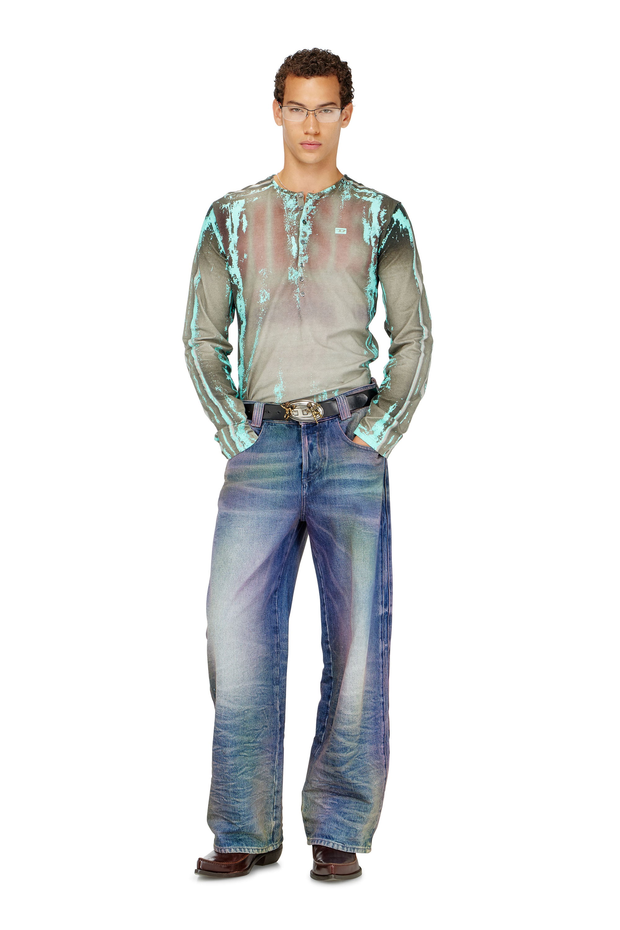 Diesel - T-FYNO-ML, Grandad camiseta de punto efecto cuero agrietado Hombre in Verde - 2