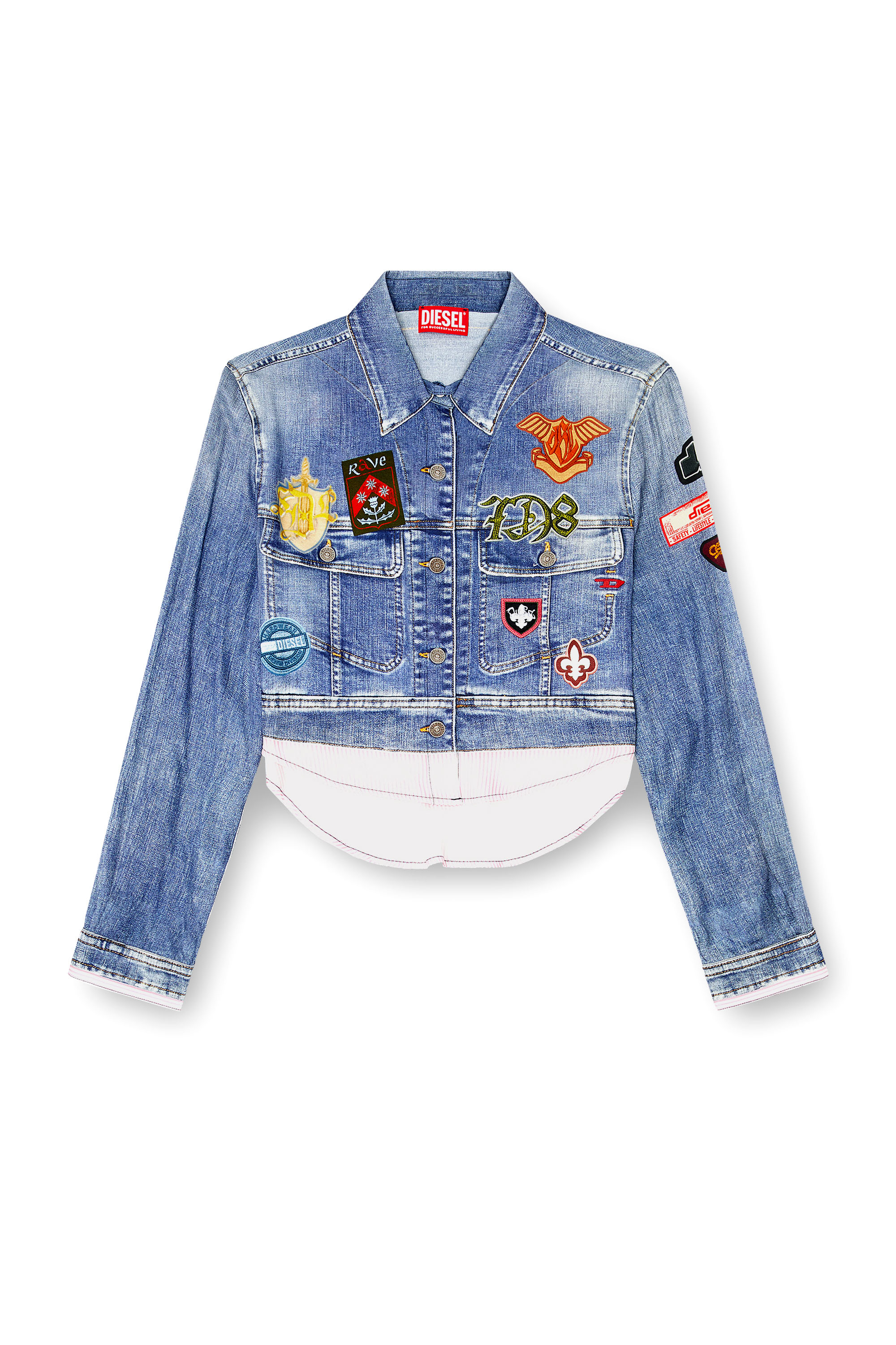 Diesel - C-LONE, Camisa cropped de sat&eacute;n con estampado denim trompe-l&rsquo;oeil Mujer in ToBeDefined - 3
