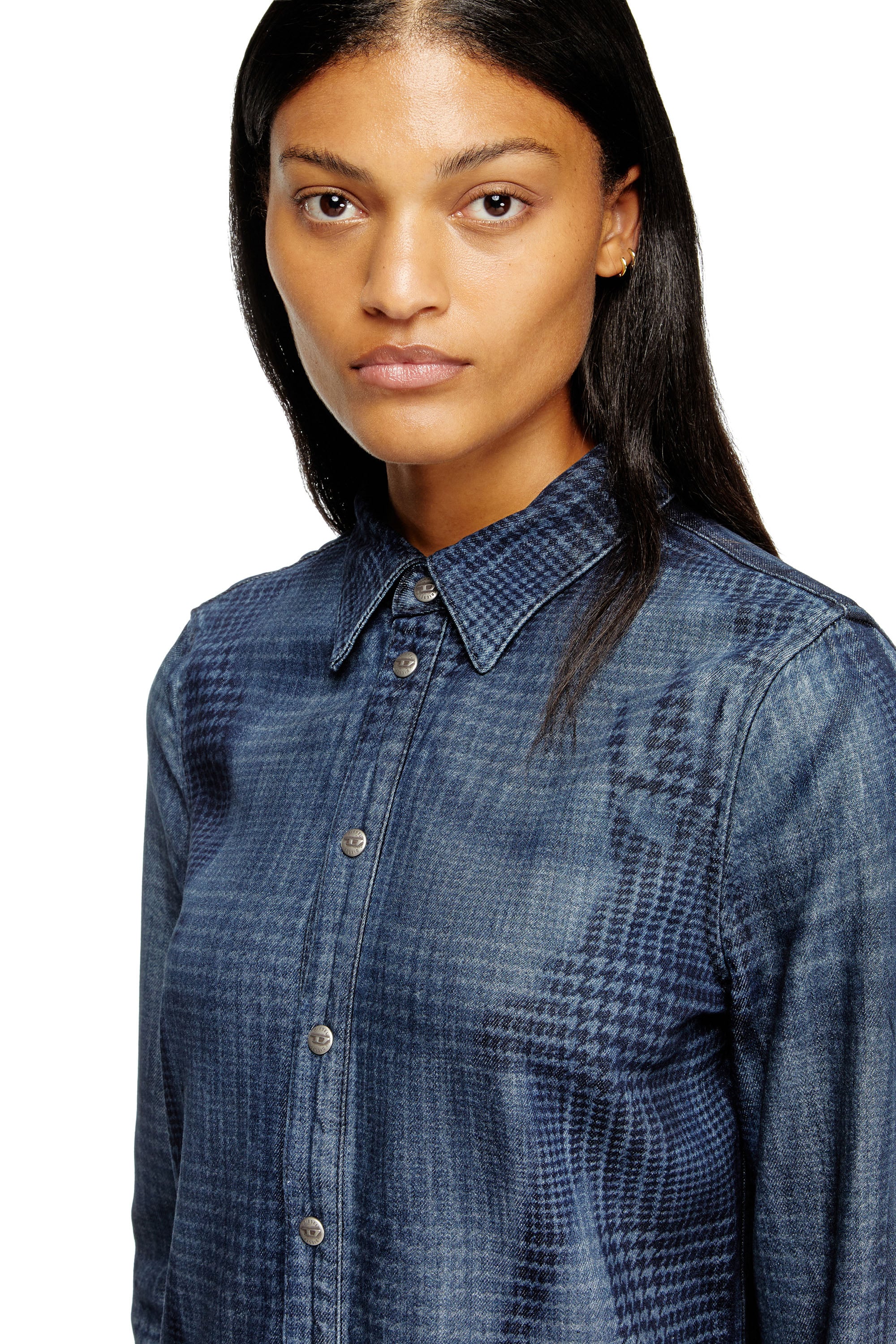 Diesel - DE-EAZY DRESS-S, Vestido camisero en denim fluido Pr&iacute;ncipe de Gales Mujer in Azul marino - 4