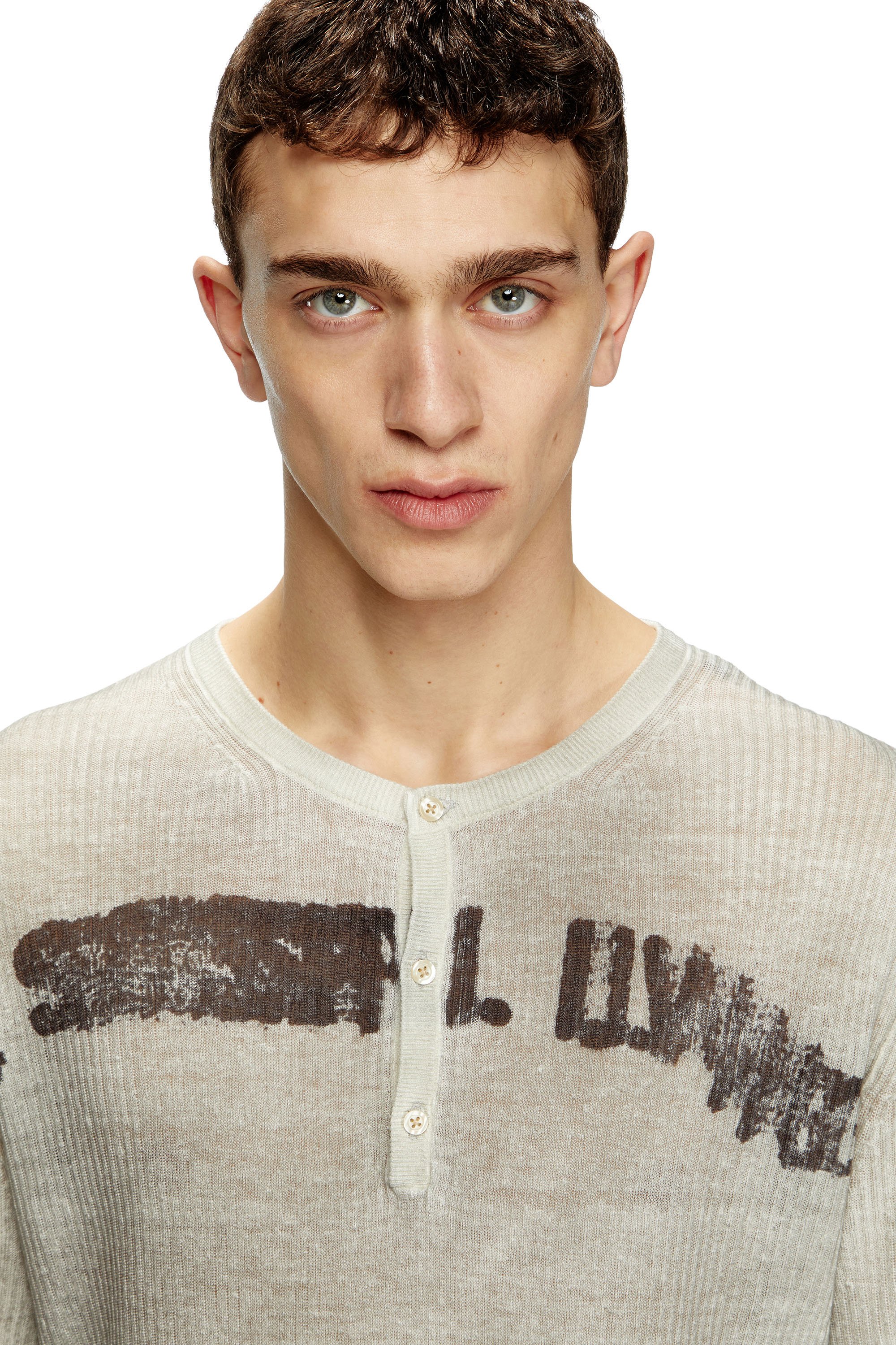 Diesel - K-ROBBY, Suéter Henley con efecto desgastado en lino Unisex in Beige - 6