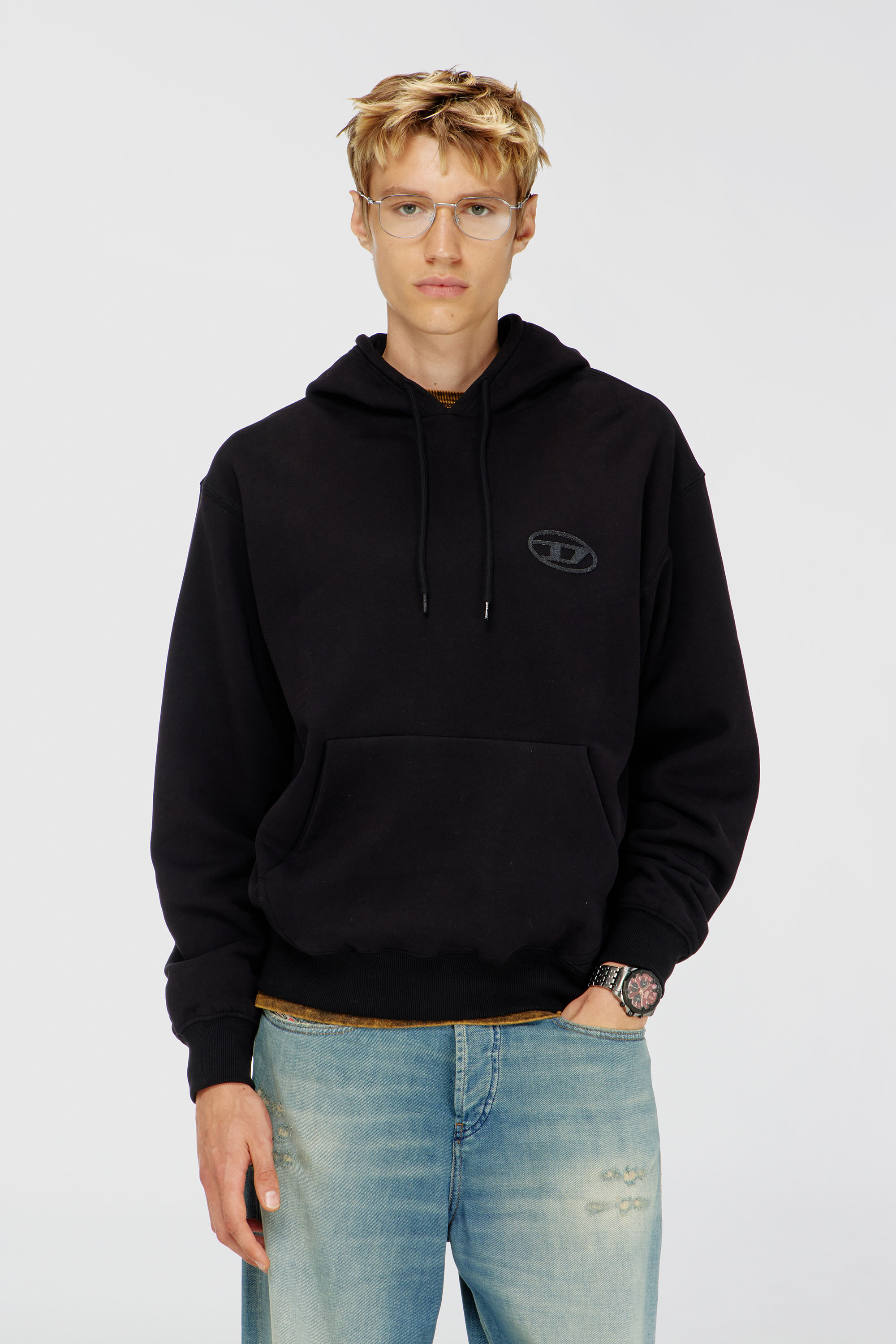 Diesel - S-LUK-H-T92, Sudadera con capucha de algod&oacute;n con bordado del logotipo Oval D tono sobre tono Hombre in Negro - 3
