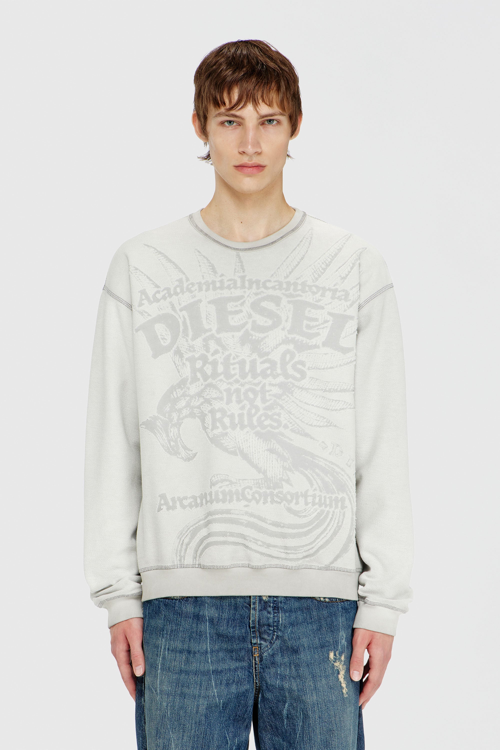 Diesel - S-ARON-RAW, Man's Sweatshirt with d&eacute;vor&eacute; print in Light Grey - 5
