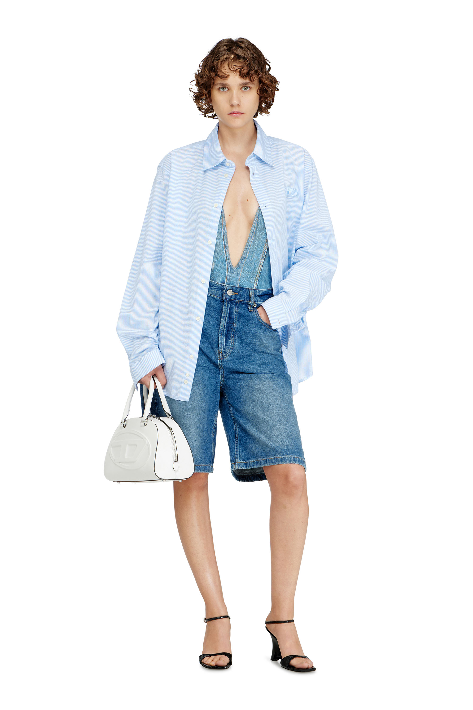 Diesel - KINSLEY-DNM, Ba&ntilde;ador con escote pronunciado y trampantojo de denim Mujer in Azul marino - 4