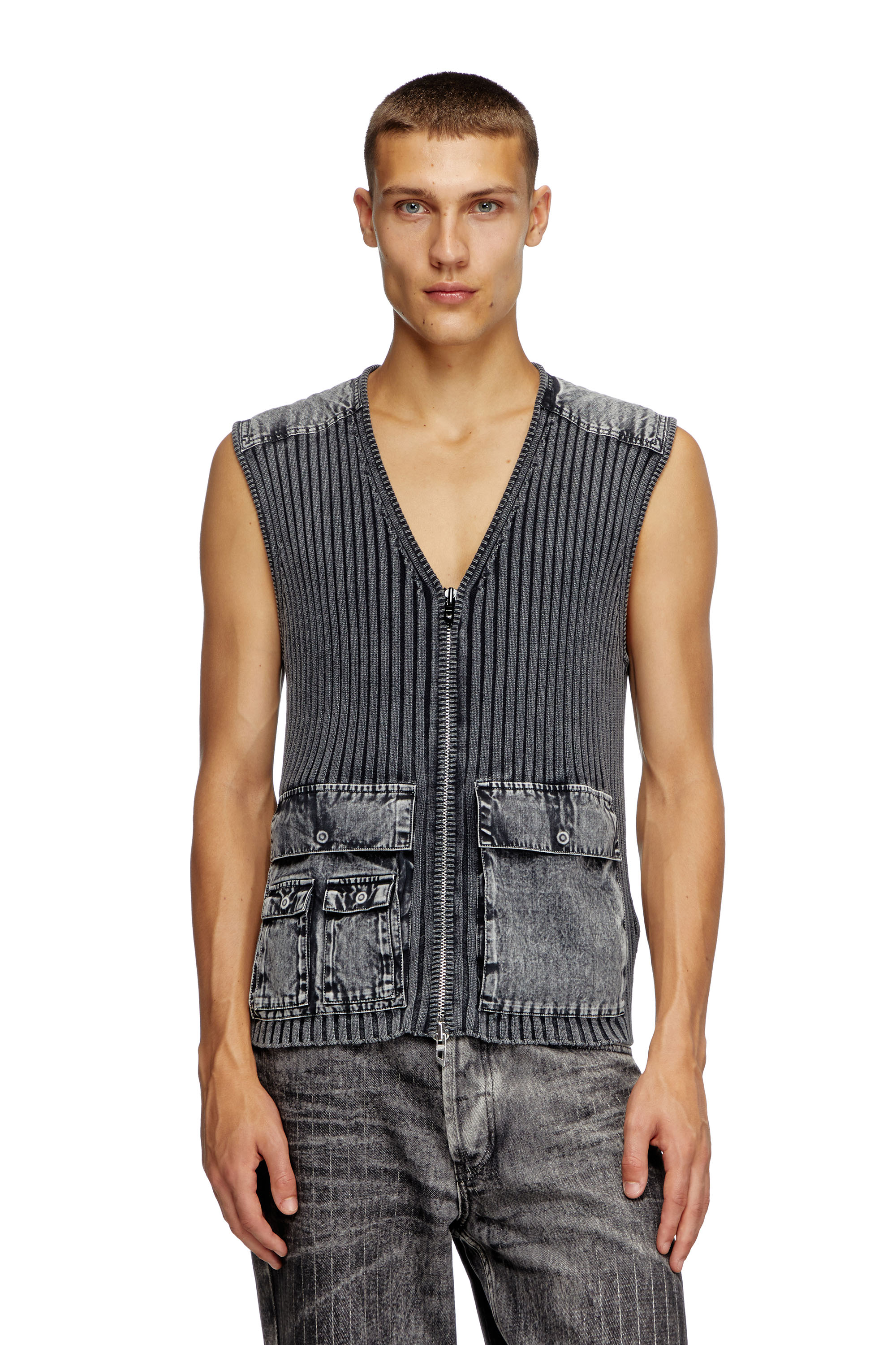 Diesel - K-MARGIE, Chaleco utilitario de tejido en canalé y denim Hombre in Gris - 6