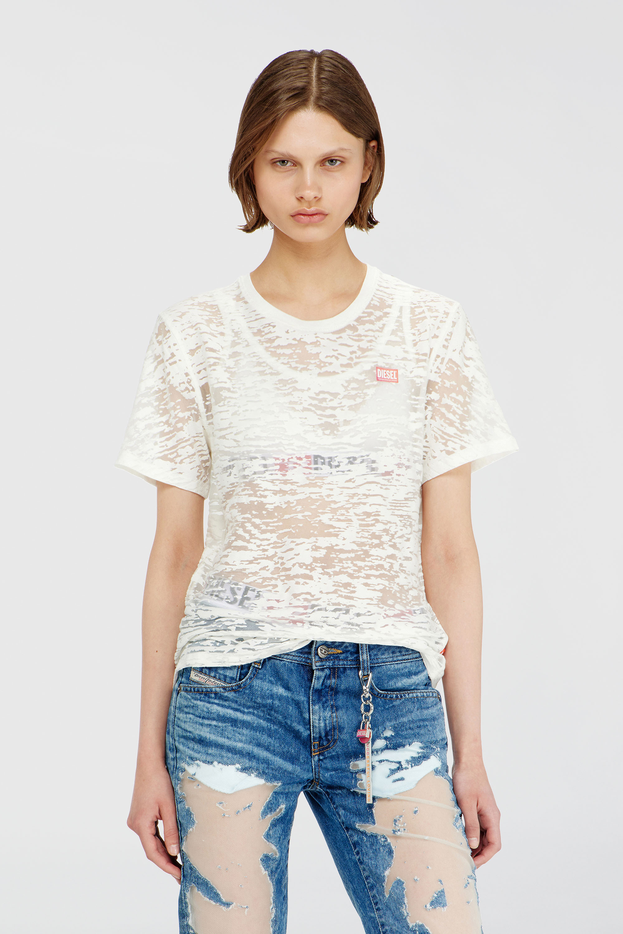 Diesel - PR-T-NOTS-MATI-R, Camiseta de jersey all-over devor&eacute; Unisex in Blanco - 1