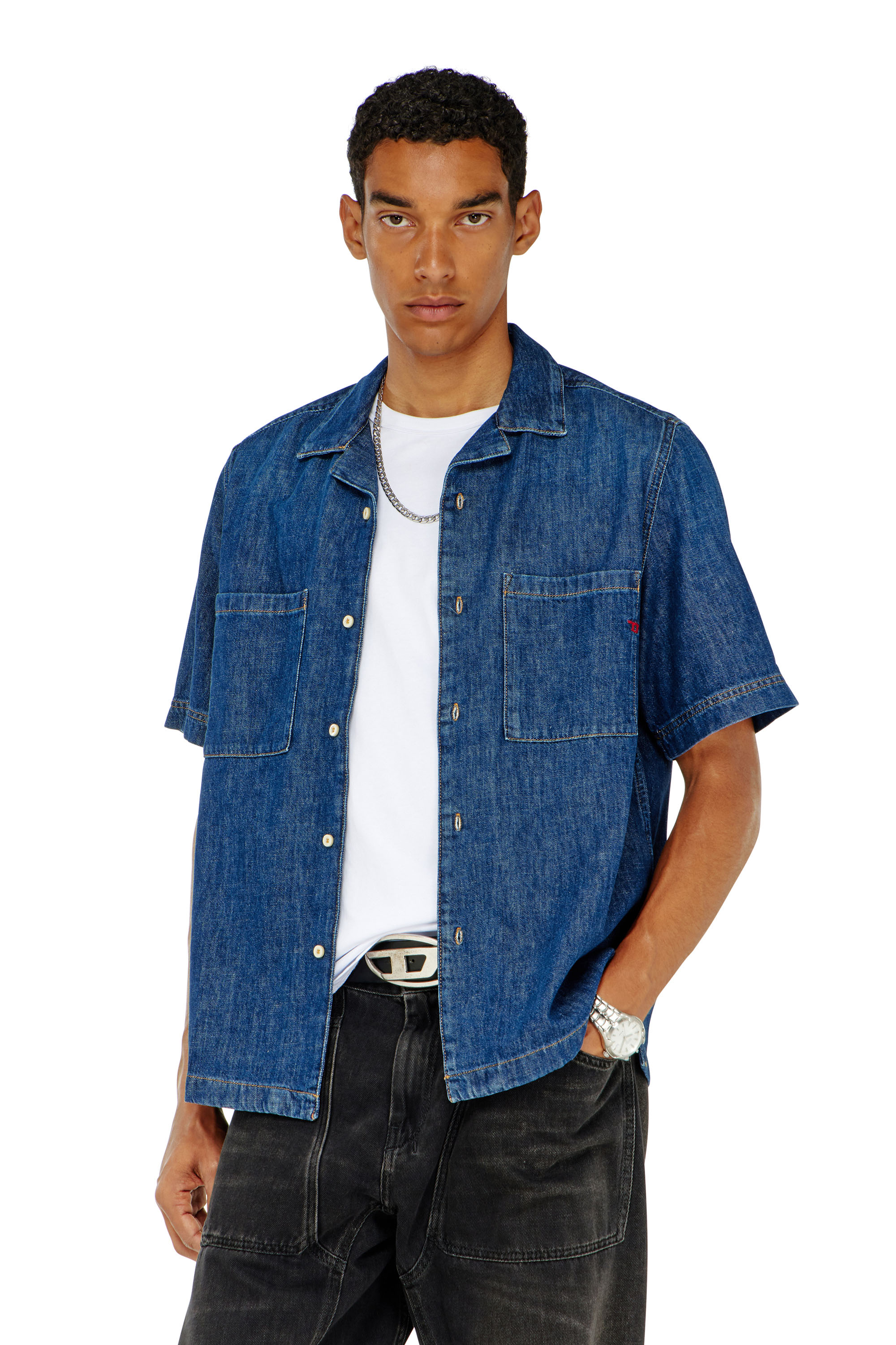Diesel - D-PAROSHORT, Camisa de bolos en denim Hombre in Azul marino - 1