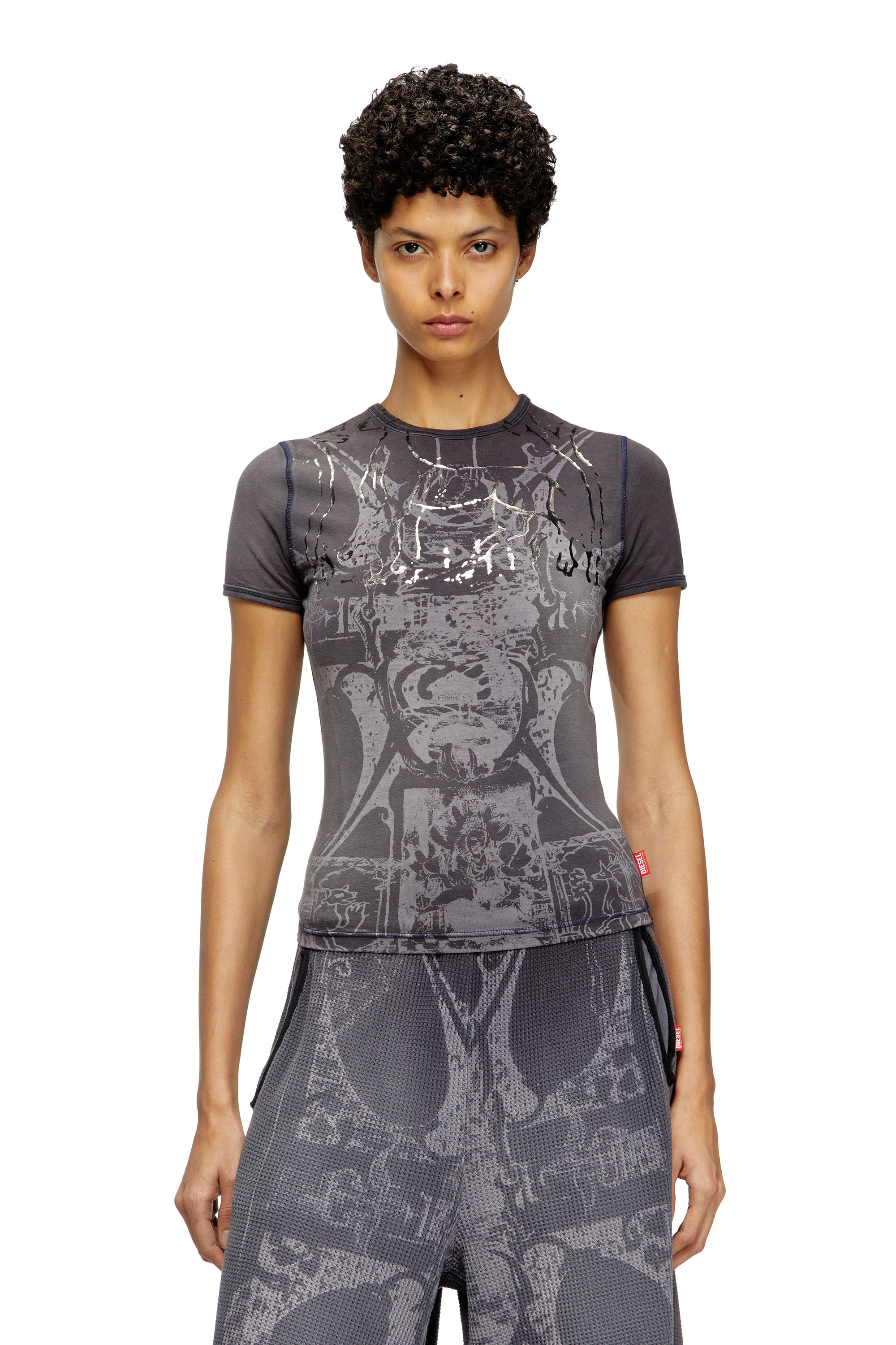 Diesel - T-UNCUTIES-LONG-R6, Camiseta con estampado de lámina Mujer in Negro - 3