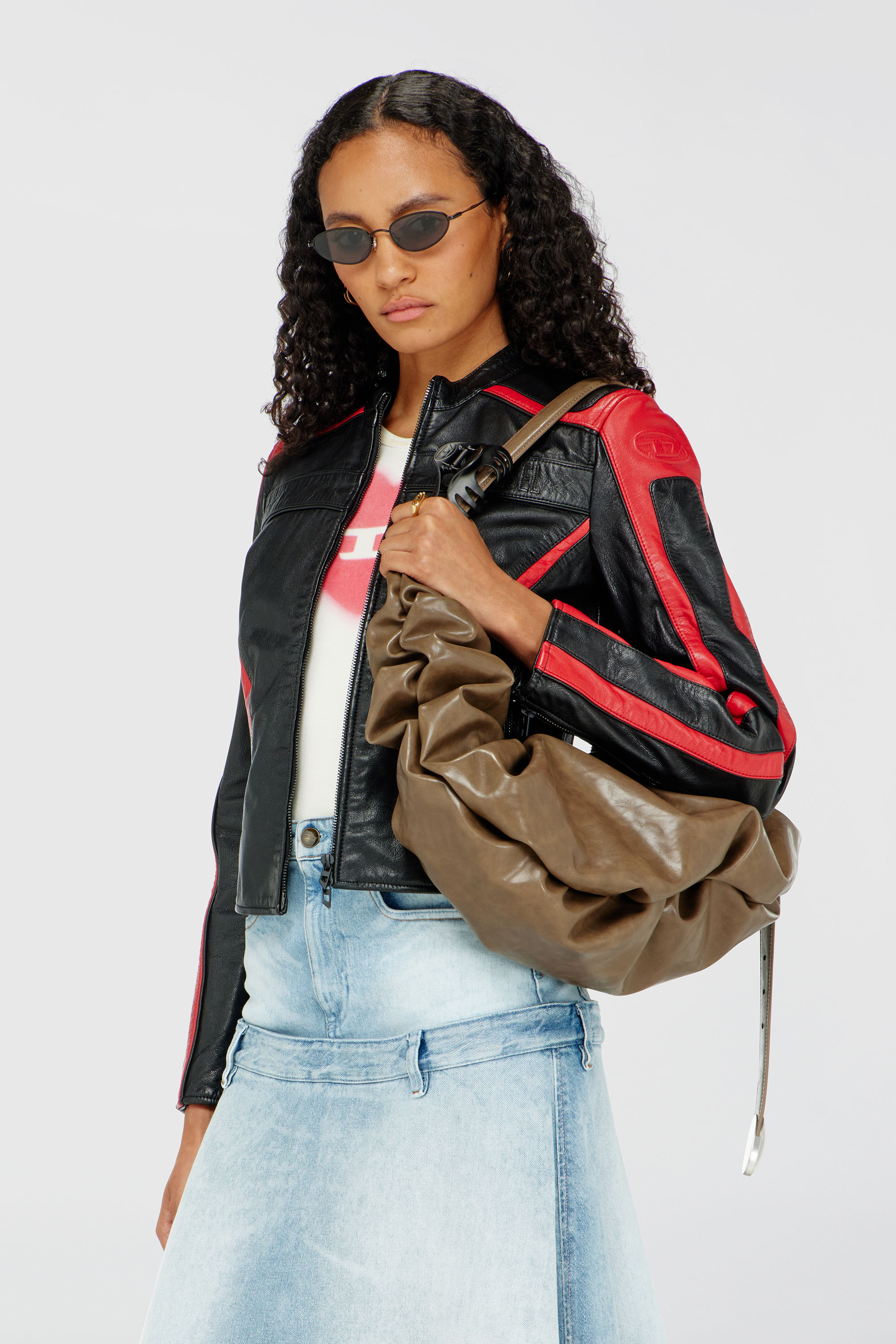 Diesel - L-OVABLE, Chaqueta biker de cuero en bloques de color Mujer in Multicolor - 1
