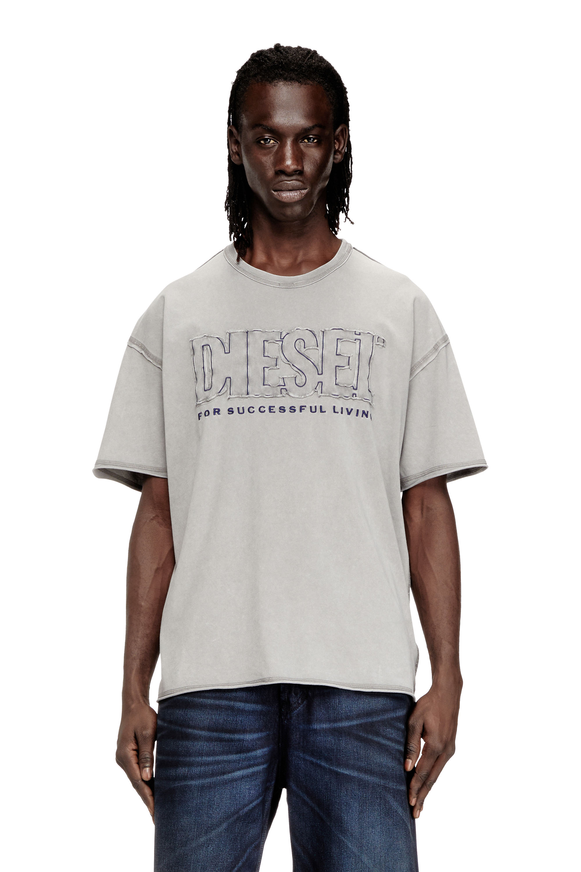 Diesel - T-RAWBOXT, Camiseta con logo aplicado y borde sin rematar Hombre in Gris - 1