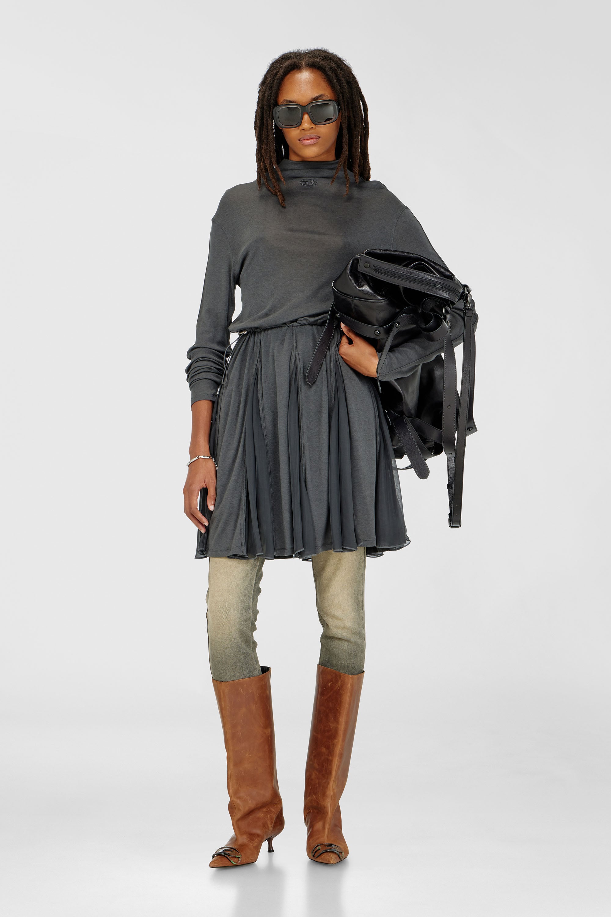 Diesel - D-REI, Vestido mini de cuello alto en punto y gasa Mujer in Gris - 1