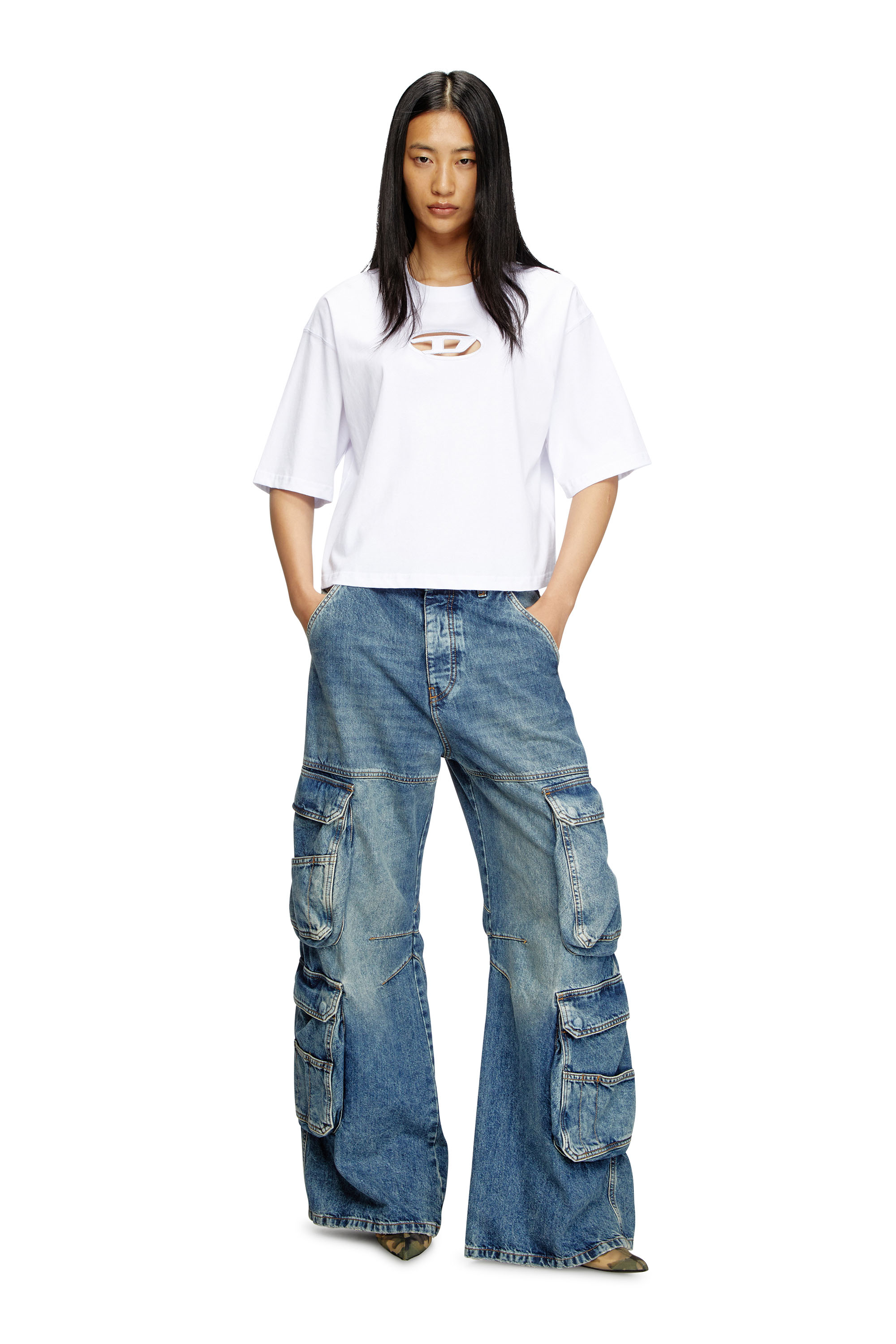 Diesel - T-ROWY-OD, Woman's Boxy T-shirt with embroidered D in White - 1