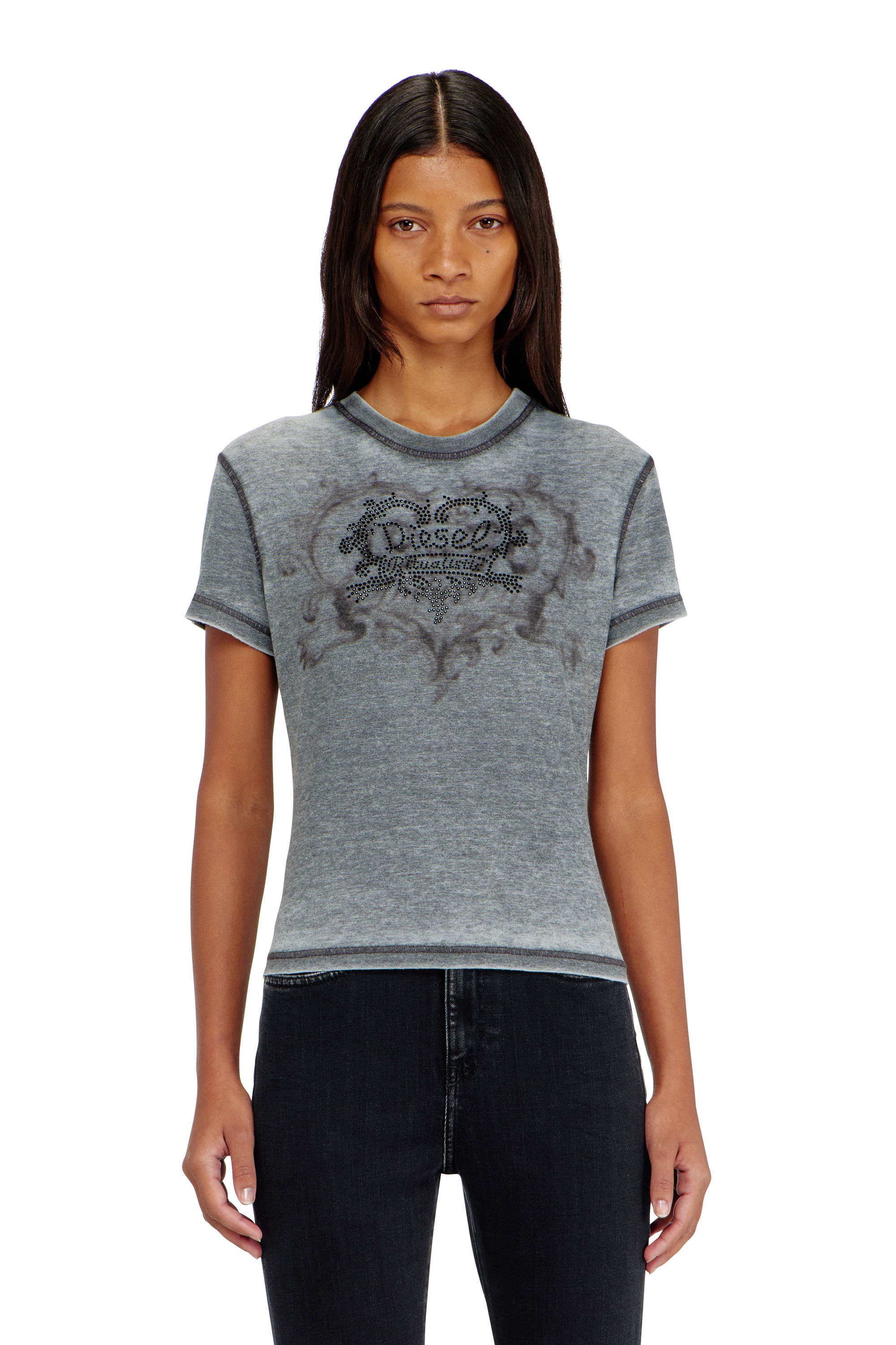 Diesel - T-ILA-AA1, Camiseta de jersey con strass y burnout effect Mujer in Gris - 3
