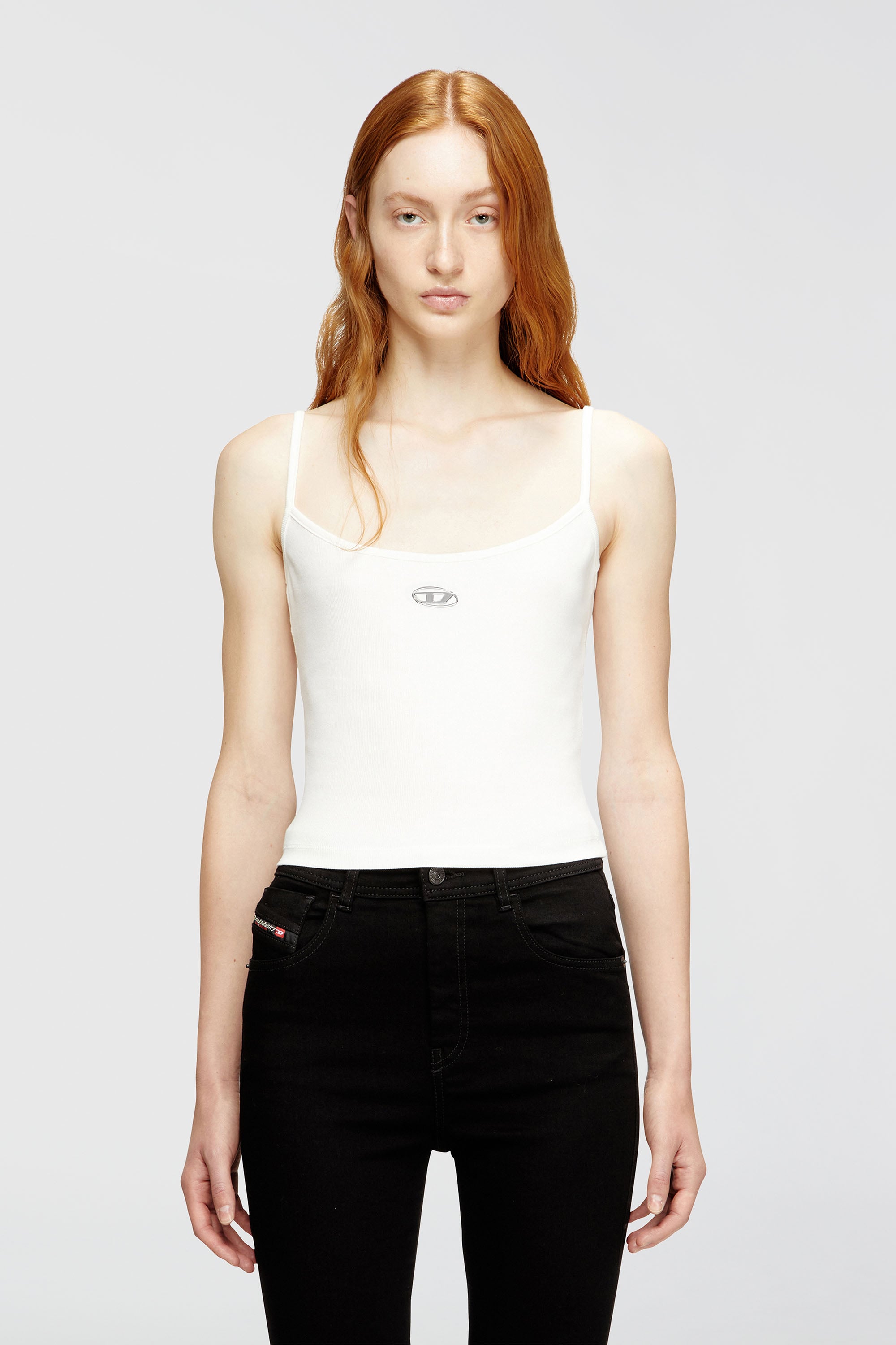 Diesel - T-HUPY-OD, Top de canal&eacute; con Oval D met&aacute;lico Mujer in Blanco - 1