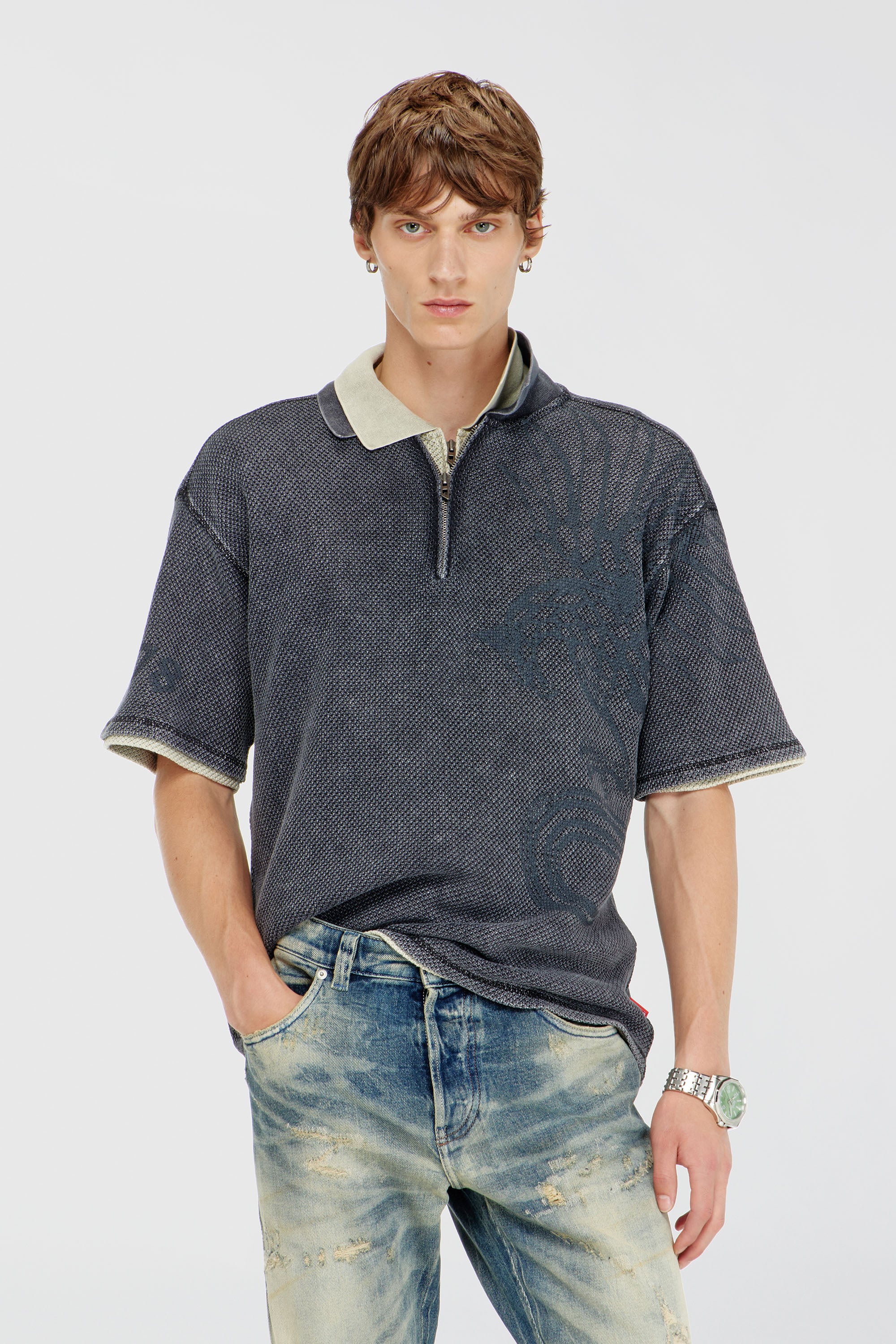 Diesel - T-ERRY-ZIP, Polo de jacquard mesh con estampado Phoenix Hombre in Gris - 1