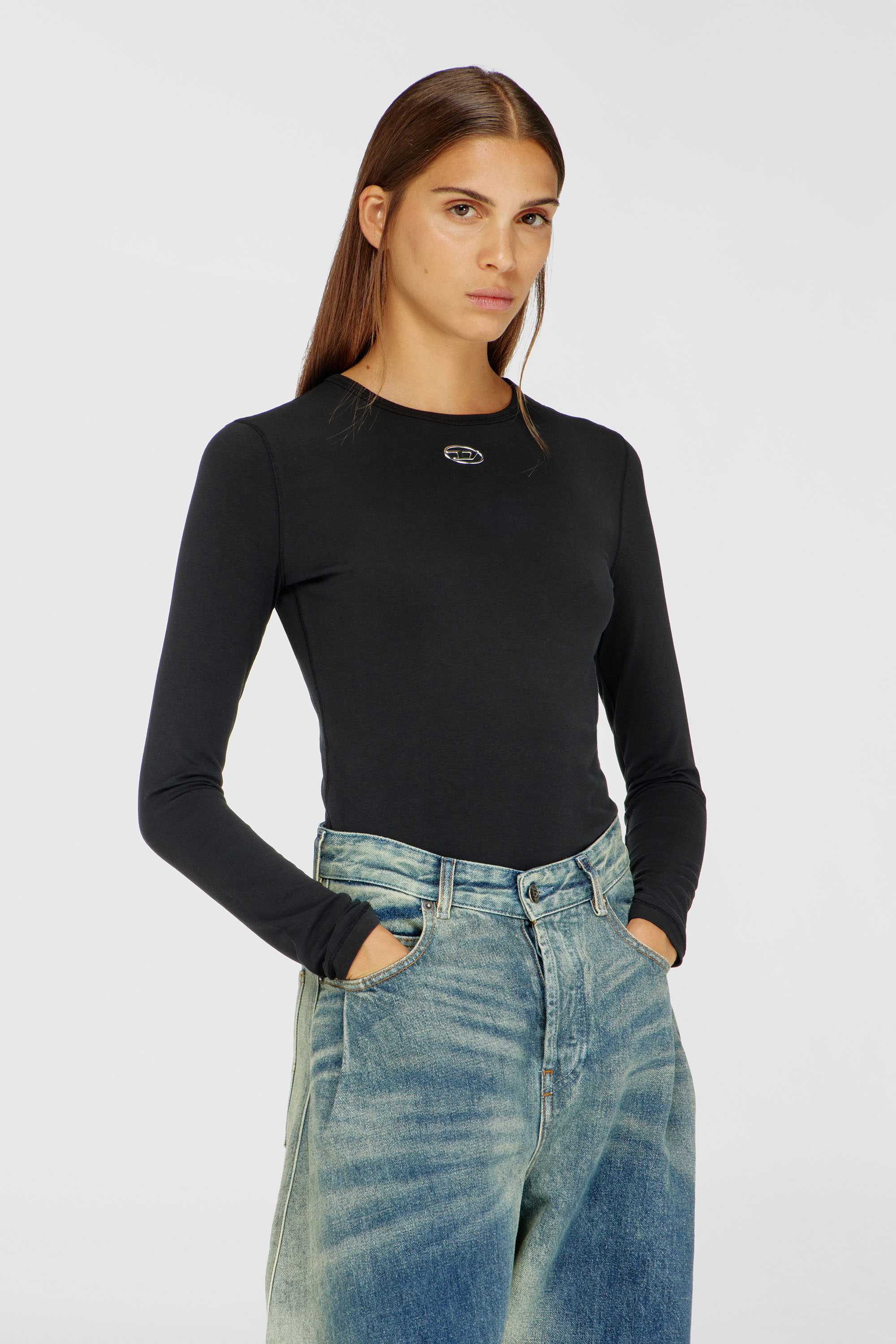 Diesel - T-UNCUTIESLONG-LS-OD, Jersey de algod&oacute;n con logotipo Oval D Mujer in Negro - 1
