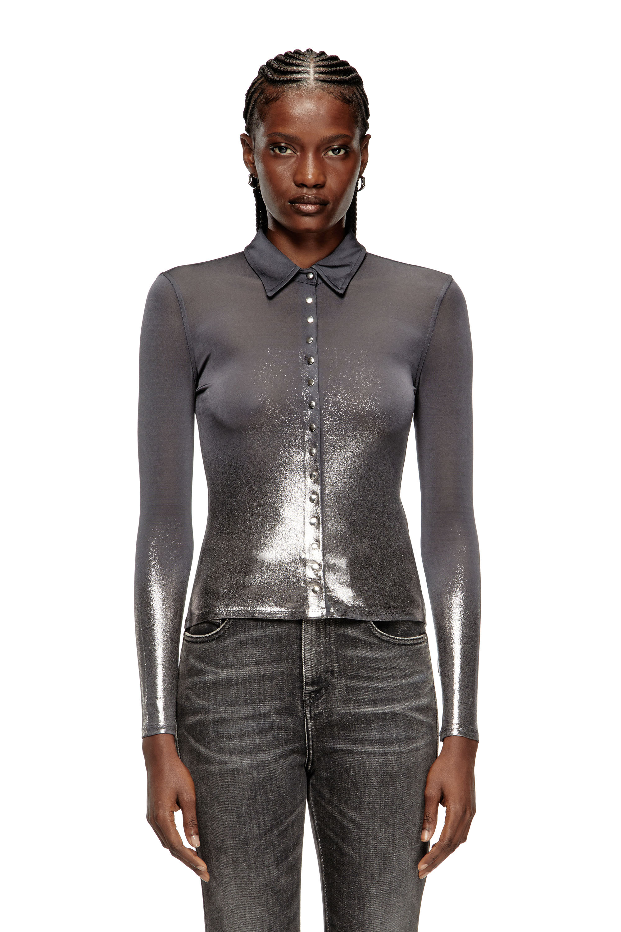 Diesel - C-POL, Camisa de acetato con botones y lámina metálica Mujer in Gris - 1
