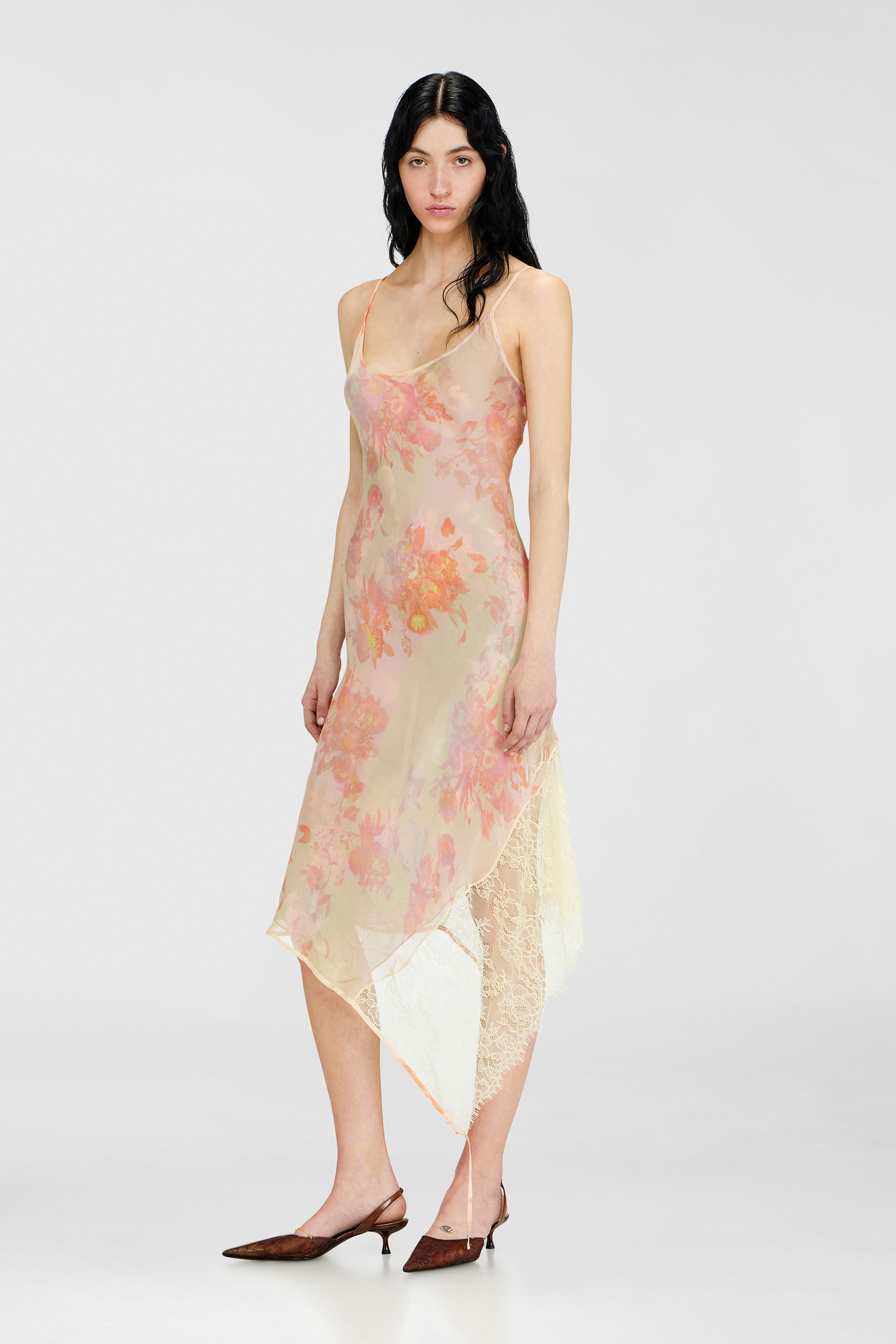 Diesel - D-ANCEL, Vestido lencero midi con estampado floral y ribete de encaje Mujer in Multicolor - 1