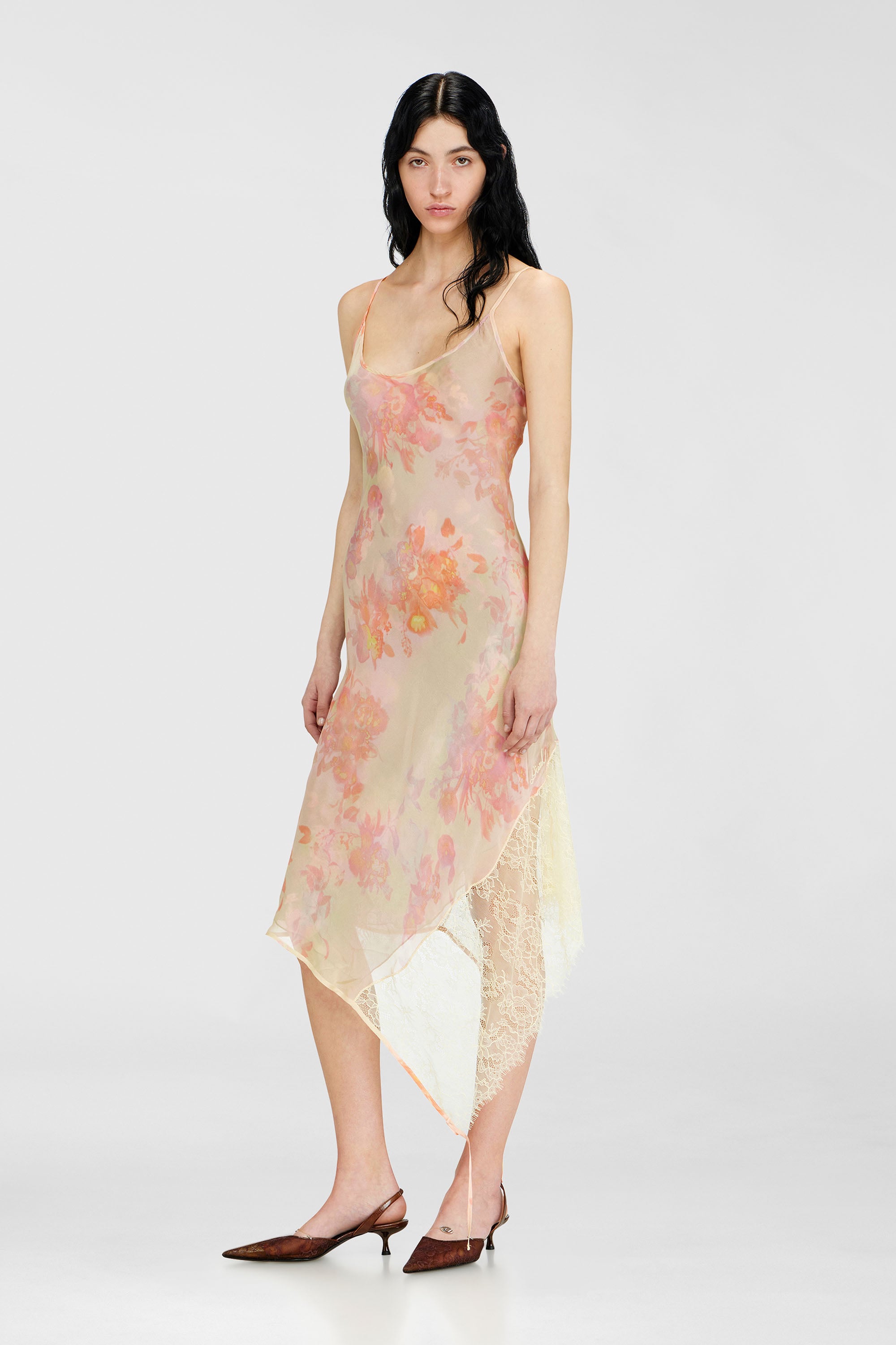 Diesel - D-ANCEL, Vestido lencero midi con estampado floral y ribete de encaje Mujer in Multicolor - 3
