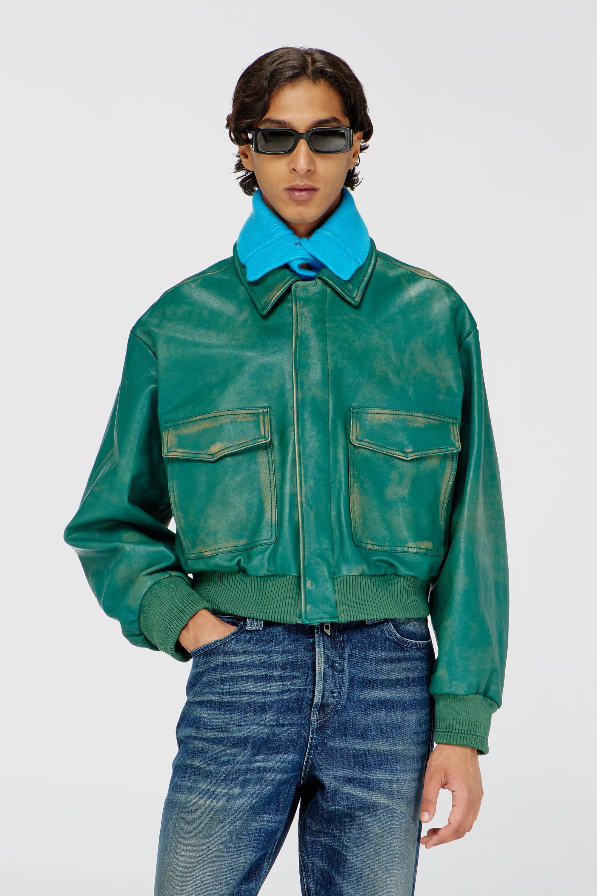 Diesel - L-UMAN, Chaqueta aviador de cuero tratado Hombre in Verde - 1