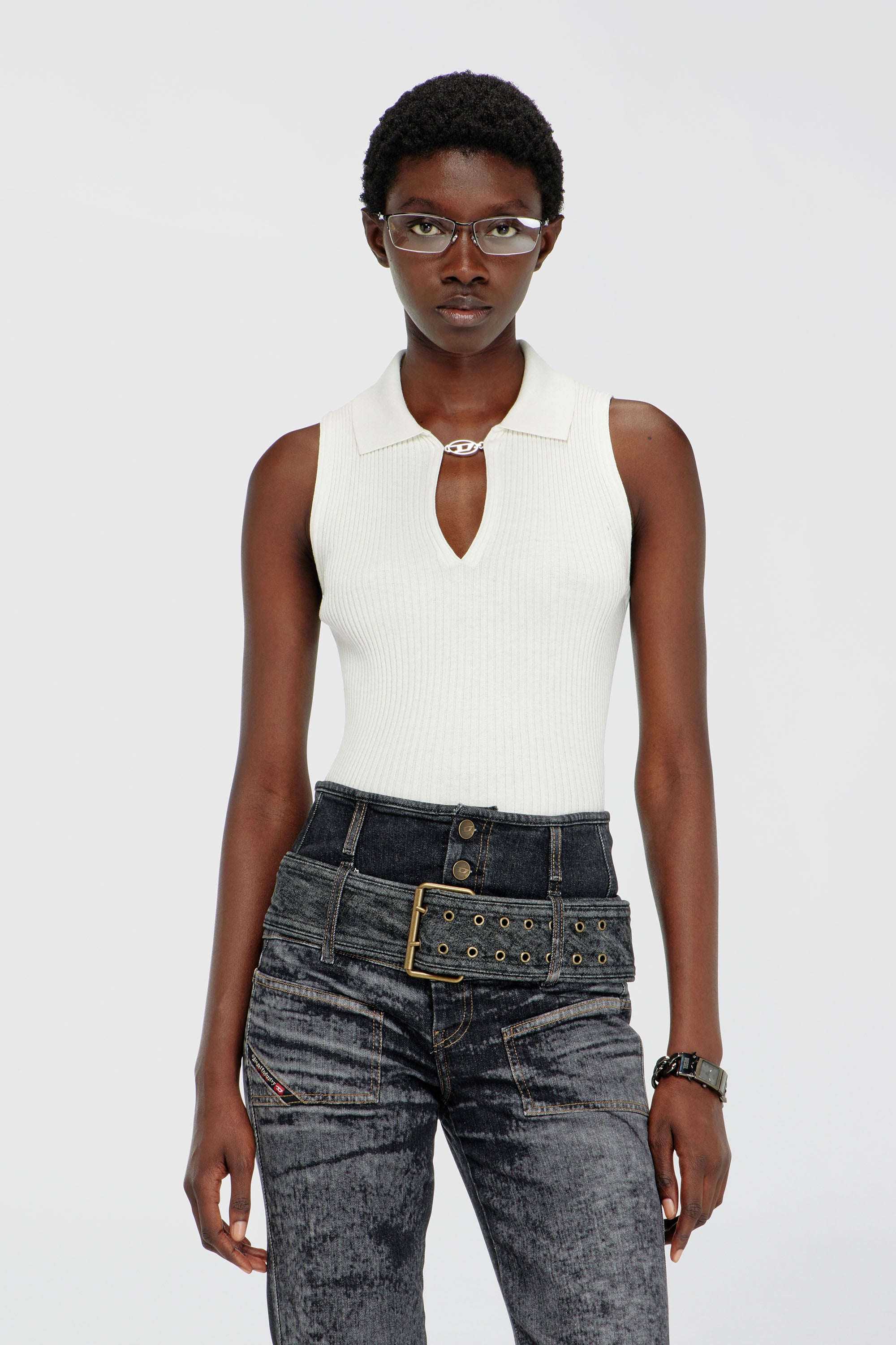 Diesel - M-LILITA, Top tipo polo sin mangas de punto acanalado en mezcla de seda Mujer in Blanco - 1