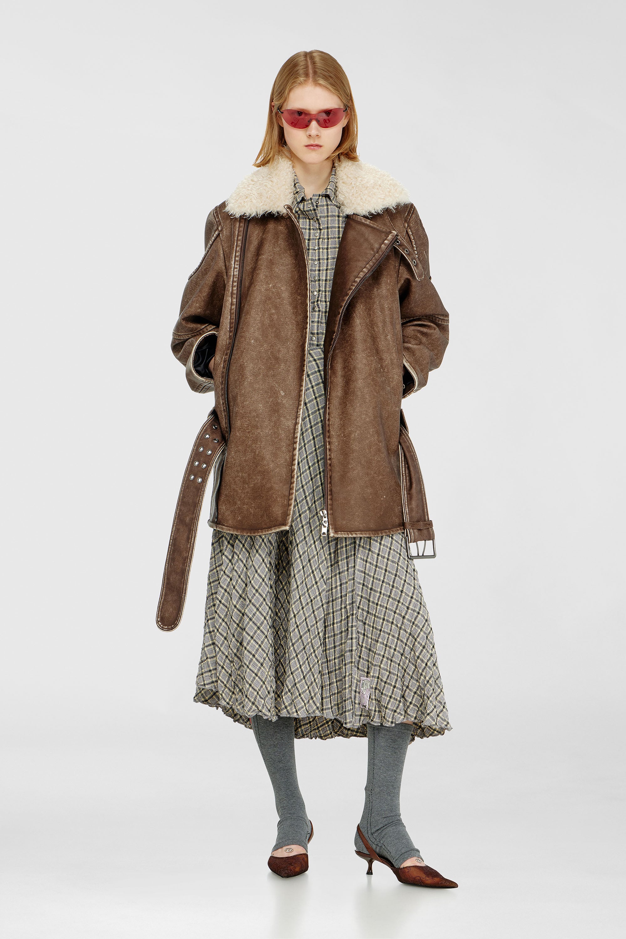 Diesel - O-XYGEN, Falda midi de cuadros efecto seersucker Mujer in Gris - 1