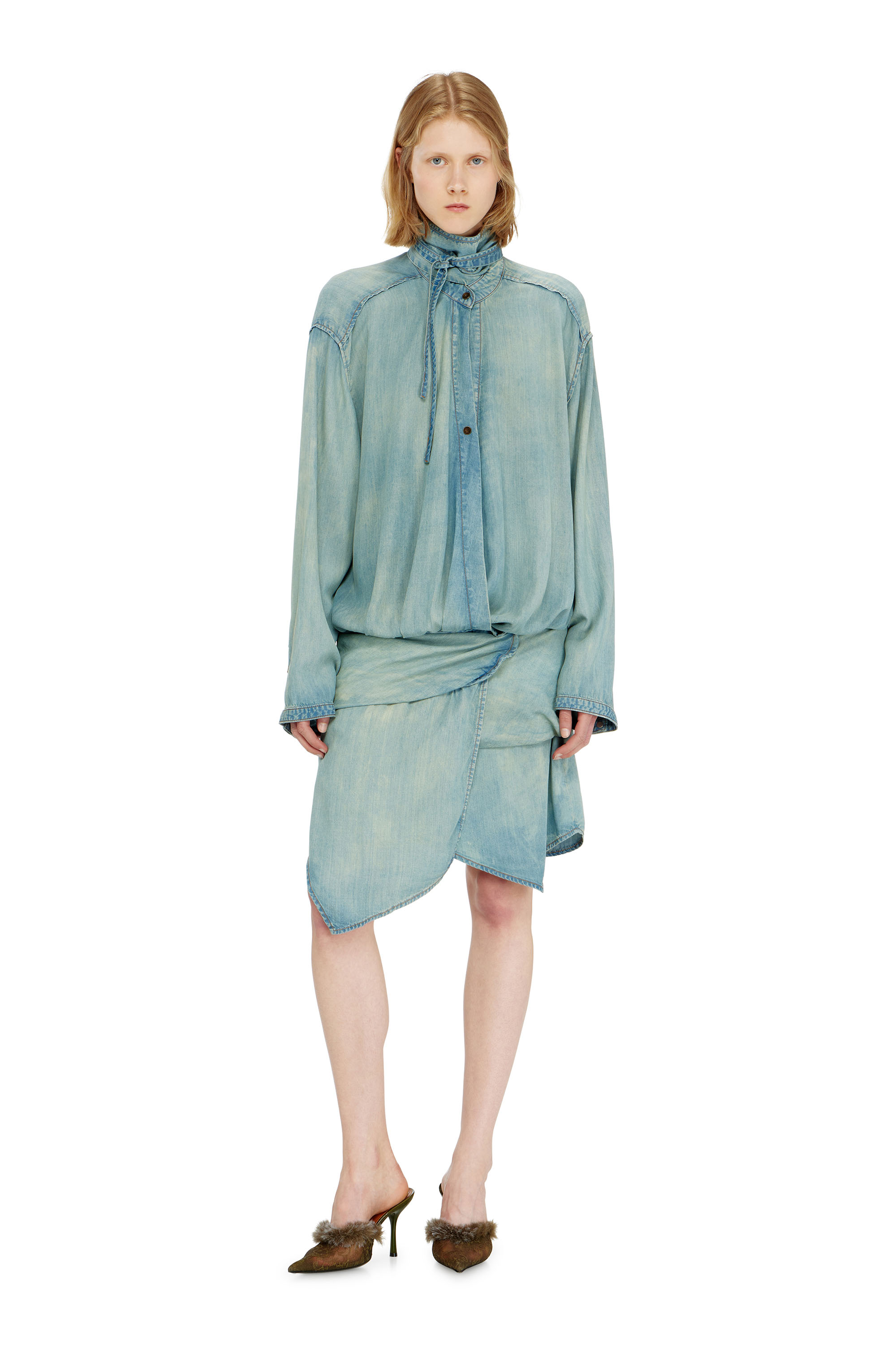 Diesel - DE-TILORA-S, Vestido camisero denim oversized con drapeado Mujer in ToBeDefined - 3