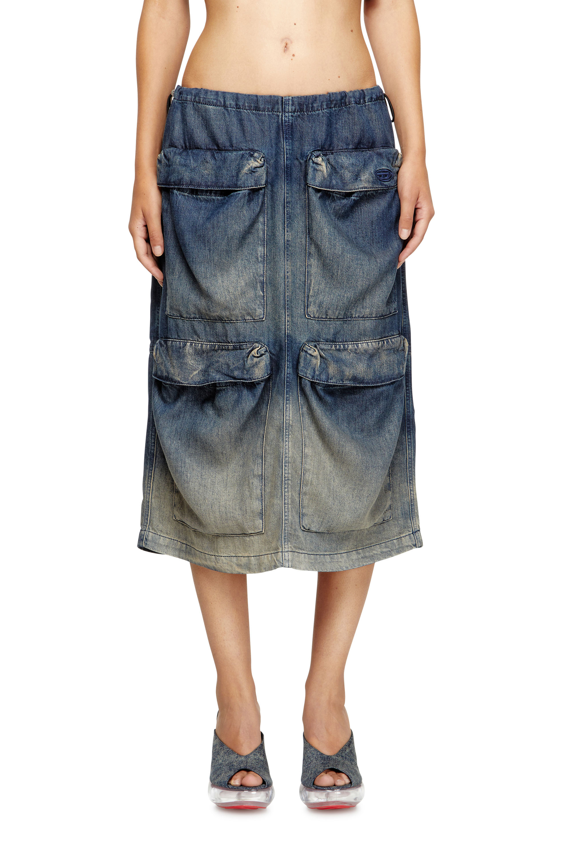 Diesel - DE-MEGI-S, Falda midi de denim degradado fluido Mujer in Azul marino - 1