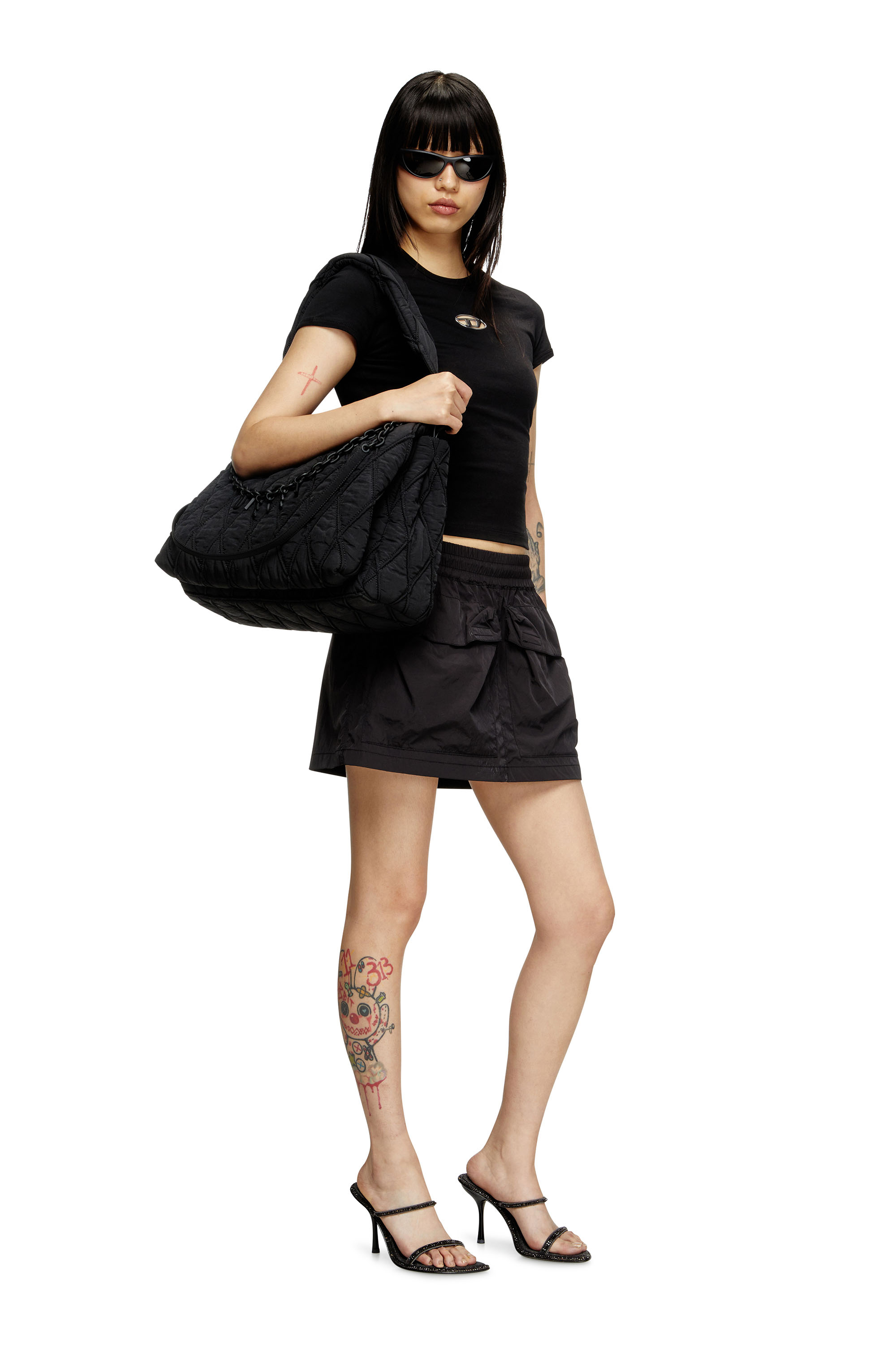 Diesel - CHARM-D SHOULDER L, Woman's Charm-D L-Shoulder bag in quilted washed nylon in Black - 2